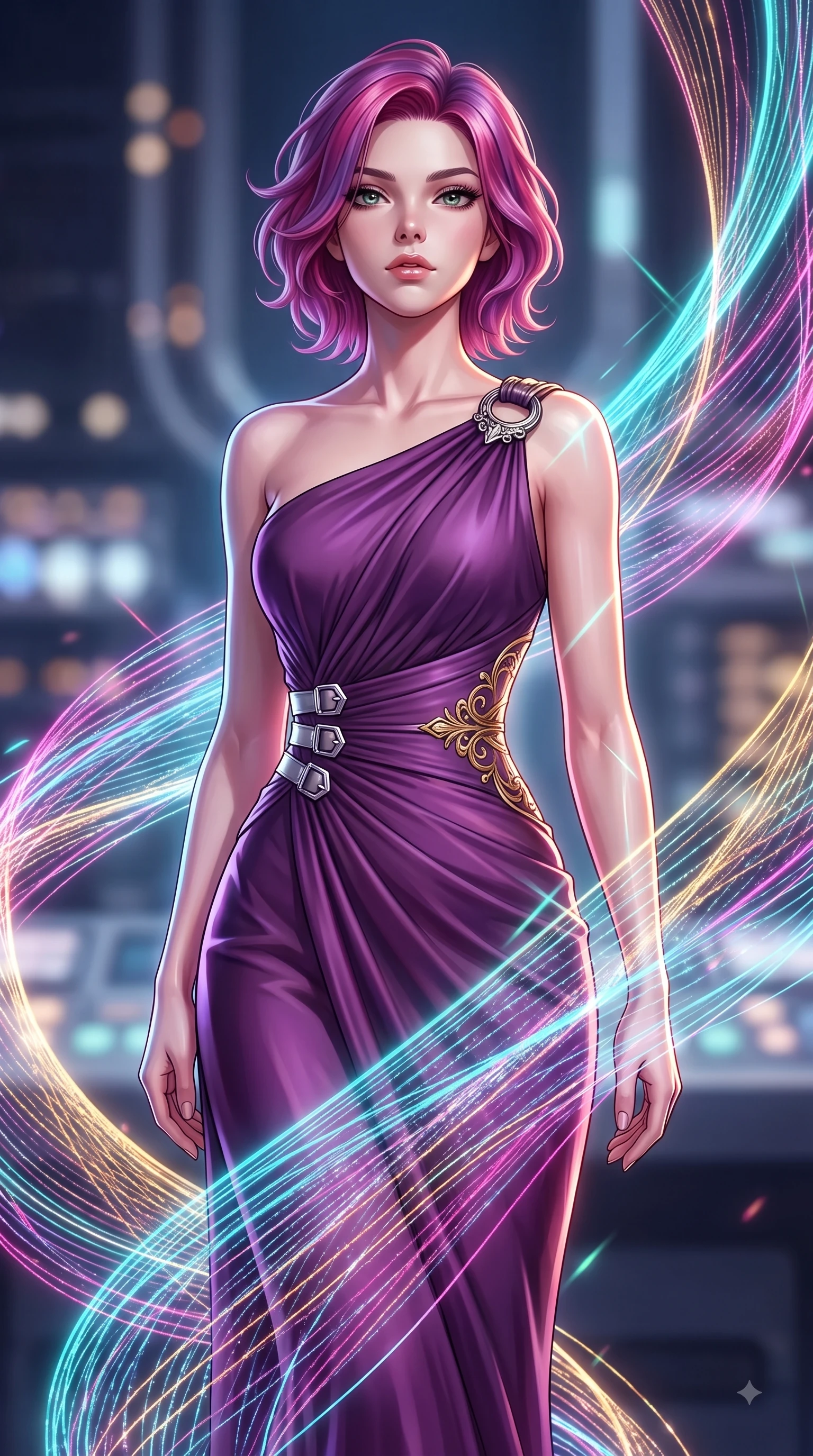 score_9, masterpiece, best quality, ultra-detailed, high-budget anime keyframe, editorial fashion photography, tasteful artistic composition, Caucasian woman. close-up cowboy shot from the waist and thighs up, the character dominates the composition, filling the frame with her large presence, background elements kept in soft focus. Tilting her chin up with composed magnetism as dramatic side lighting traces her sculpted waist and hip contour while weaving a shimmering dress of light threads that flow around her figure in zero-gravity, fluorescent cyan, magenta, and gold light threads crossing in 3D space. She has an exceptionally elegant, slender, and willowy female figure with an ultra-slim waist, a gracefully sculpted slender torso, and a refined silhouette. sharp v-shaped jawline, high-bridge nose, intricate jewel-like eyes with depth, thick eyelashes, glossy lips with a natural sheen, flawlessly proportioned anatomical accuracy, natural body alignment, perfectly sculpted elegant limbs, clean dynamic posture without body distortion. wearing an asymmetrical Grecian draped chiffon gown with a metallic shoulder ring in plum purple and gold filigree, crafted from smooth liquid silk, detailed with polished silver buckles along the waistline, the tailored fabric tightly following every curve of her athletic build. bathed in sharp geometric laser grid highlights and soft ambient fill. highly saturated vibrant anime colors, detailed shading with soft gradients, rich glossy textures, high-contrast stereoscopic depth, volumetric dynamic lighting, master piece, 9:16 ratio