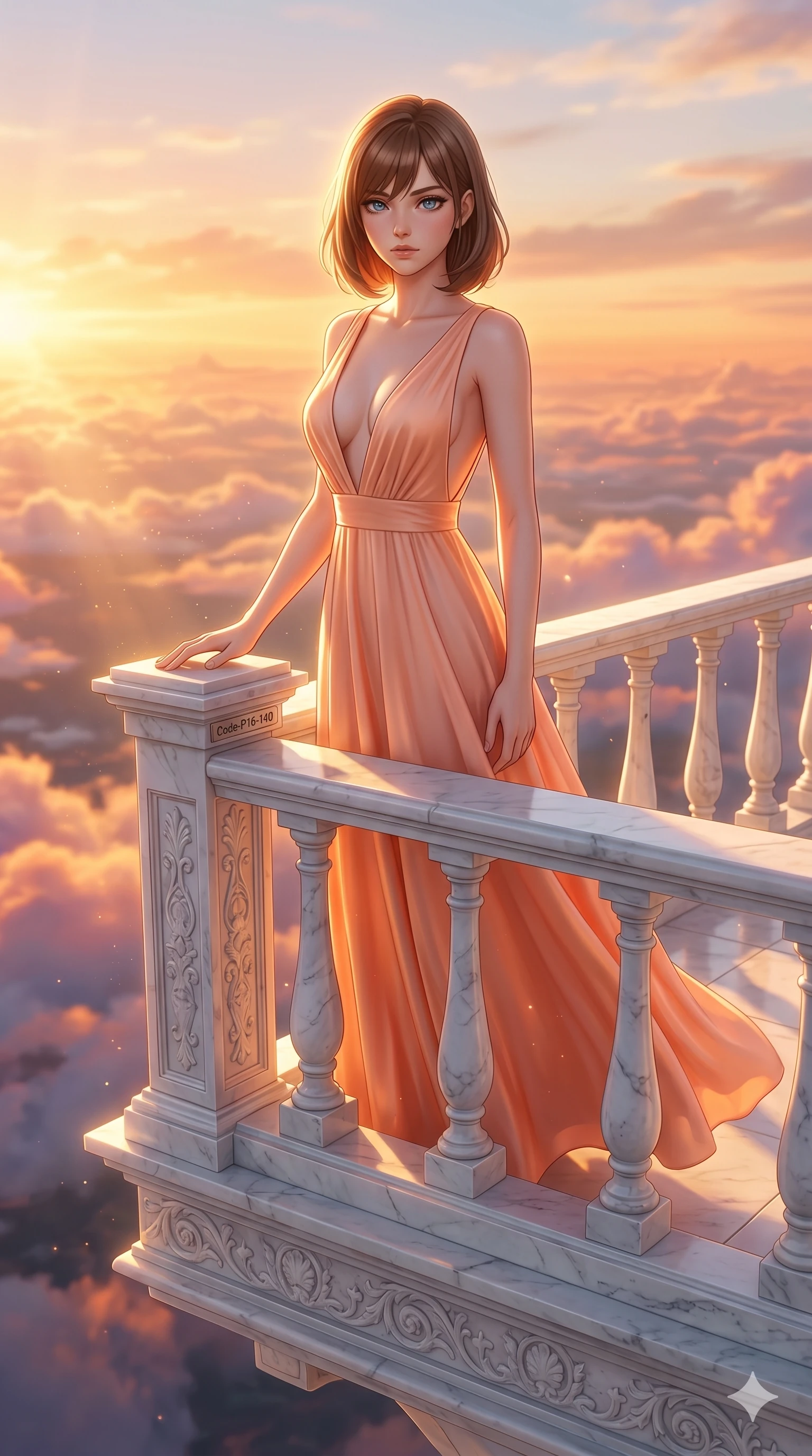 score_9, masterpiece, best quality, ultra-detailed, high-budget anime keyframe, editorial fashion photography, tasteful artistic composition, Caucasian woman, strictly human ears. cowboy shot from the thighs up, character and outfit filling the frame for maximum editorial presence. resting one hand on the marble railing, looking at the lens with quiet superiority on a floating marble balcony above a sunset cloudscape (Code-P16-140). She has an absolutely perfect 8-heads proportion, an exceptionally tall and slender female figure with impossibly long slender legs and an ultra-slim waist. V-shaped jawline, high-bridge nose, intricate jewel-like eyes with depth, thick eyelashes, glossy lips with a natural sheen. wearing a flowing peach silk gown with a daring plunging V-neckline and scooped open back. bathed in warm golden afternoon sunbeams, casting a warm glowing aura on her. 2k, ultra detail, master piece, 9:16 ratio