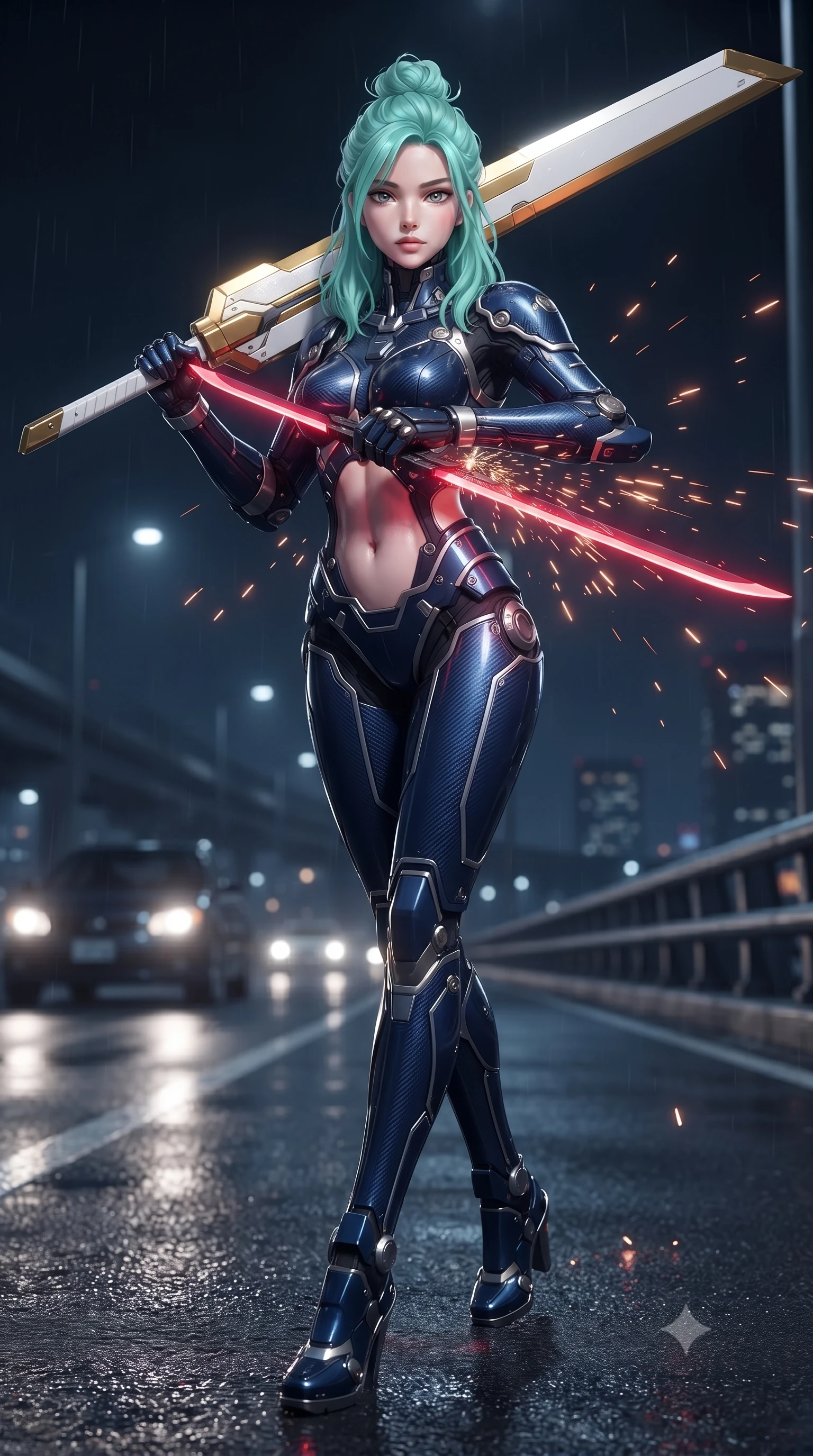 score_9, masterpiece, best quality, ultra-detailed, high-budget anime keyframe, editorial fashion photography, tasteful artistic composition, Japanese woman. low angle full-body shot from head to toe showing her feet, filling the entire 9:16 vertical frame with her statuesque presence, stretching her vertical silhouette. striding forward with commanding supermodel grace, weapon held at the ready, her 8.5-heads statuesque silhouette dominating the vertical frame from head to toe while pivoting dynamically in mid-stride with twin glowing crimson high-frequency vibro-blades drawn in a deadly X-stance. The composition keeps background elements in soft focus with creamy bokeh. sparks from vibro-blades scattering radiant light motes across a dark nocturnal highway backdrop. She has an absolutely perfect, statuesque 8.5-heads proportion, an exceptionally tall and slender model-like female figure with impossibly long slender legs, a toned flat midriff, and an ultra-slim waist. sharp v-shaped jawline, high-bridge nose, intricate jewel-like eyes with depth, thick eyelashes, glossy lips with a natural sheen, flawlessly proportioned anatomical accuracy, strict slender model proportions, natural body alignment, perfectly sculpted long slender limbs, ultra-slim waistline, clean dynamic posture without body distortion. wearing a statuesque midnight cobalt carbon-fiber armor-suit with platinum trim and an ultra-slim waistline, resting a massive sleek high-frequency anti-material greatsword across her shoulder in arctic white carbon composite with radiant solar gold plating, made of lightweight aerodynamic carbon-titanium alloy with polished edge bevels, finished with high-mobility articulation joints and miniature magnetic armor locks, the precision-cut daring openings accentuating her delicate midriff, graceful bare collarbones, and ultra-slim feminine waistline. surrounded by a fast, fierce, and intoxicatingly seductive cyber-assassin muse aura. ultra-reflective glossy finish, specular highlights, dark metallic sheen, high-contrast stereoscopic depth, volumetric dynamic lighting, 2k, ultra detail, master piece, 9:16 ratio