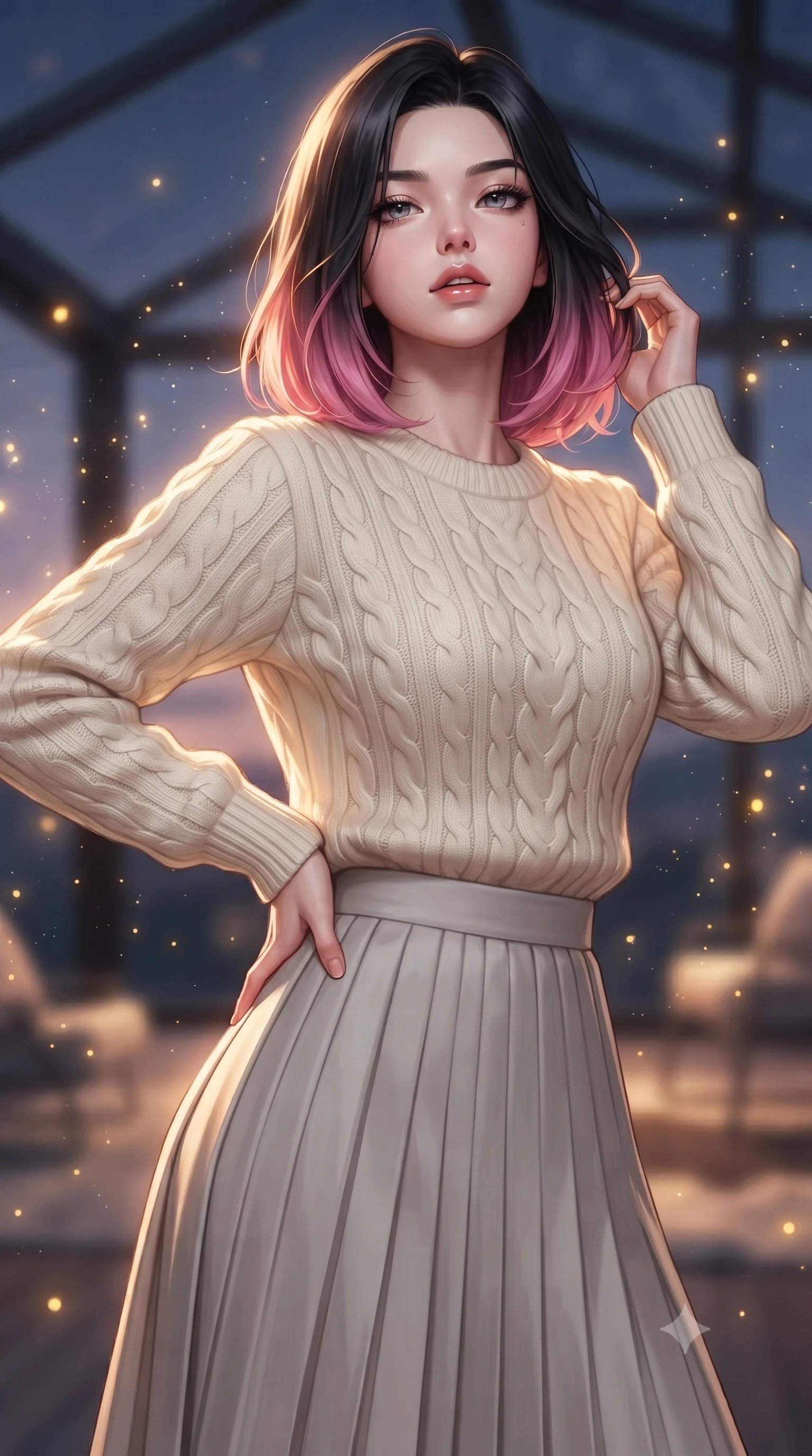 score_9, masterpiece, best quality, ultra-detailed, high-budget anime keyframe, editorial fashion photography, tasteful artistic composition, Korean woman. close-up cowboy shot from the waist and thighs up, the character dominates the composition, filling the frame with her large presence, background elements kept in soft focus. tilting her chin up slightly with lips parted in a composed, provocative expression the background shows a soft-focus a floating glass veranda surrounded by drifting golden stardust particles. She has an exceptionally elegant, slender, and willowy female figure with an ultra-slim waist, a gracefully sculpted slender torso, and a refined silhouette. sharp v-shaped jawline, high-bridge nose, intricate jewel-like eyes with depth, thick eyelashes, glossy lips with a natural sheen. wearing a tailored cozy cable-knit sweater in ivory, paired with a pleated light grey midi skirt. warm golden stardust light casting glowing highlights on her hair and outfit. ultra-reflective glossy finish, specular highlights, metallic sheen, high-contrast stereoscopic depth, volumetric dynamic lighting, 2k, ultra detail, master piece, 9:16 ratio