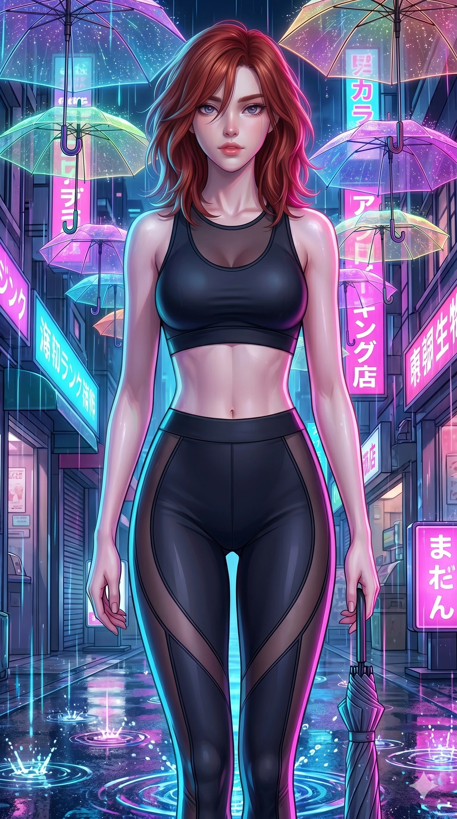 score_9, masterpiece, best quality, ultra-detailed, high-budget anime keyframe, Japanese woman. upper body close-up from the thighs up, character filling the screen for maximum presence. navigating a wet neon-lit future street under colorful floating umbrellas as translucent neon raindrops fall, creating brilliant splash ripples. She has an absolutely perfect 8-heads proportion, an exceptionally tall and slender female figure with impossibly long slender legs and an ultra-slim waist. V-shaped jawline, high-bridge nose, intricate jewel-like eyes with depth, thick eyelashes, glossy lips with a natural sheen.. wearing a sheer mesh athleisure set, featuring a tight matte black top and leggings with semi-opaque mesh panels tracing the curves of her waist and thighs. bathed in brilliant cinematic volumetric lighting and intense neon rim light highlighting her slender form. 2k, ultra detail, master piece, 9:16 ratio