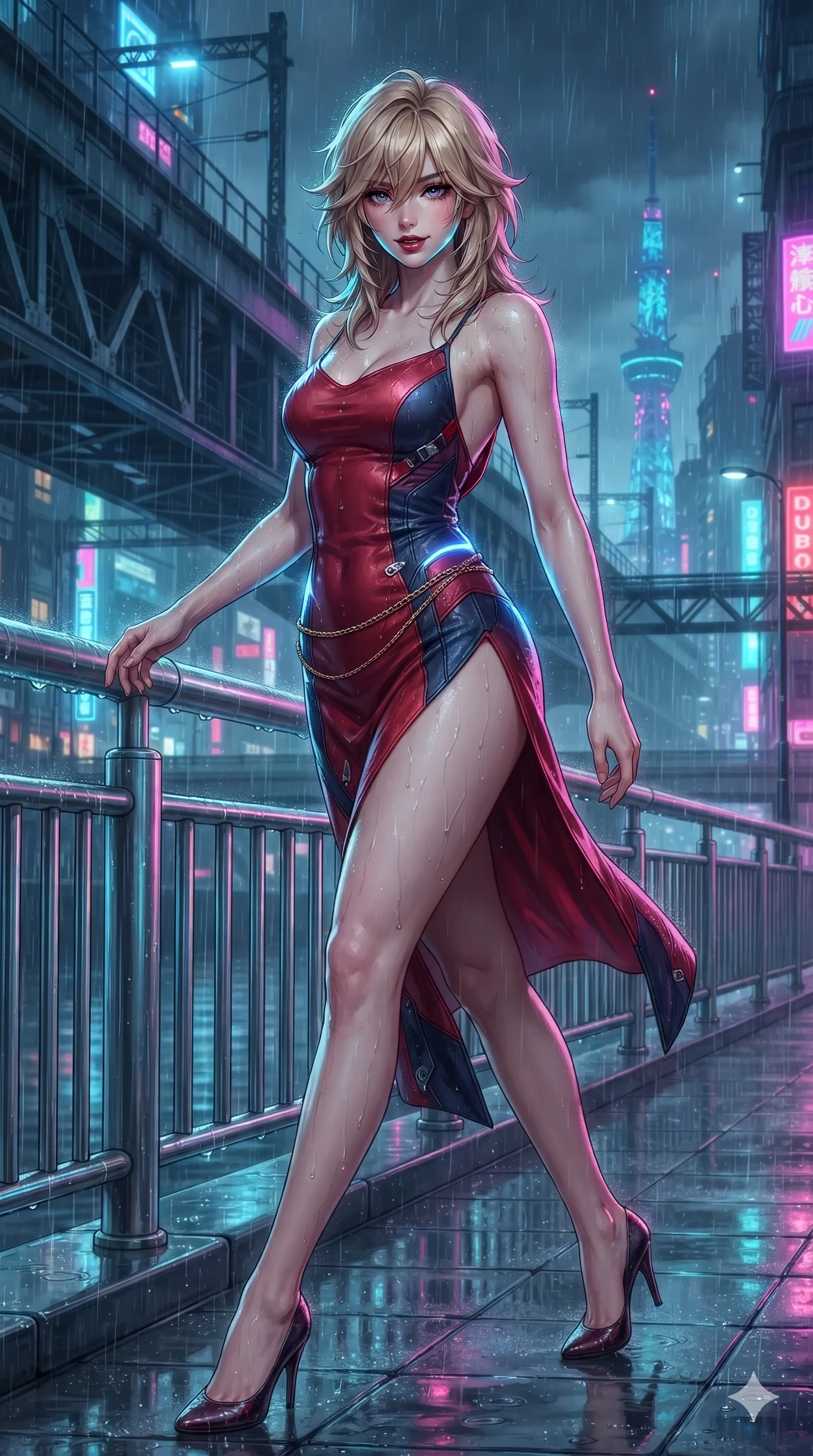 score_9, masterpiece, best quality, ultra-detailed, high-budget anime keyframe, editorial fashion photography, tasteful artistic composition, Japanese woman. low angle full-body shot from head to toe showing her feet, filling the entire 9:16 vertical frame with her statuesque presence, stretching her vertical silhouette. stepping forward into the rain-streaked neon light, head tilted slightly as her smoldering gaze captivates the lens while twisting her slender torso in an alluring S-curve against the chrome promenade railing, electric cobalt light tracing her waist and hips. The surrounding environment is rendered in vivid detail and crisp panoramic clarity: detailed liquid-tight tailored bodysuit tailoring, chrome hardware accents, and riverside engineering in razor-sharp clarity. She has an exceptionally tall and slender model-like 8.5-heads proportion, an ultra-slim waist, a flat toned midriff, narrow delicate ribcage, and beautifully sculpted feminine hips creating a graceful, slim hourglass silhouette without any bulky heaviness, with impossibly long slender legs. sharp v-shaped jawline, high-bridge nose, intricate jewel-like dark sparkling eyes with dangerous depth, thick curled eyelashes, glossy parted lips with a rich wine sheen, smoldering seductive half-smile with bedroom-eyes, exuding effortless superiority and intoxicating dark allure, flawlessly proportioned anatomical accuracy, strict slender model proportions, natural body alignment, perfectly sculpted long slender limbs, ultra-slim waistline, clean dynamic posture without body distortion. wearing a form-contouring gossamer silk chiffon slip dress with a hip-high slit and open cowl back clinging with rain-dew in Tokyo Tower scarlet crimson and midnight indigo, made of supple butter-soft lambskin leather with a subtle satin sheen, finished with a delicate gold snake chain belt resting loosely across her curvy hips, the impeccably tailored cut draping gracefully along her slender figure with aristocratic noir poise. illuminated by wet pavement bounce and sharp sapphire-cyan rim lights defining her razor-sharp jawline, narrow waist, and curvy hips. ultra-reflective glossy finish, specular highlights, rich textural contrasts, high-contrast stereoscopic depth, volumetric dynamic lighting, 2k, ultra detail, master piece, 9:16 ratio