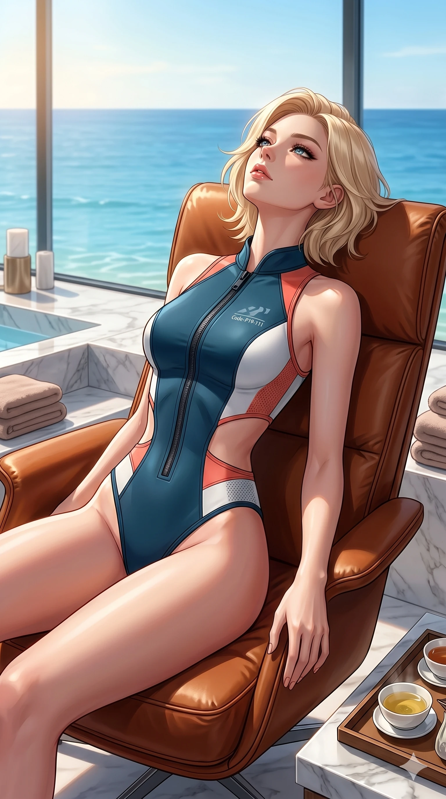 score_9, masterpiece, best quality, ultra-detailed, high-budget anime keyframe, editorial fashion photography, tasteful artistic composition, Caucasian woman, strictly human ears. cowboy shot from the thighs up, character and outfit filling the frame for maximum editorial presence. leaning back on a leather lounge chair, tilting her chin up in a luxury beachside spa overlooking the clear blue sea (Code-P19-111). She has an absolutely perfect 8-heads proportion, an exceptionally tall and slender female figure with impossibly long slender legs and an ultra-slim waist. V-shaped jawline, high-bridge nose, intricate jewel-like eyes with depth, thick eyelashes, glossy lips with a natural sheen. wearing a neoprene swimsuit with high-cut legs and exposed waist. bright cinematic key light tracing the sleek contours of her athletic figure. 2k, ultra detail, master piece, 9:16 ratio