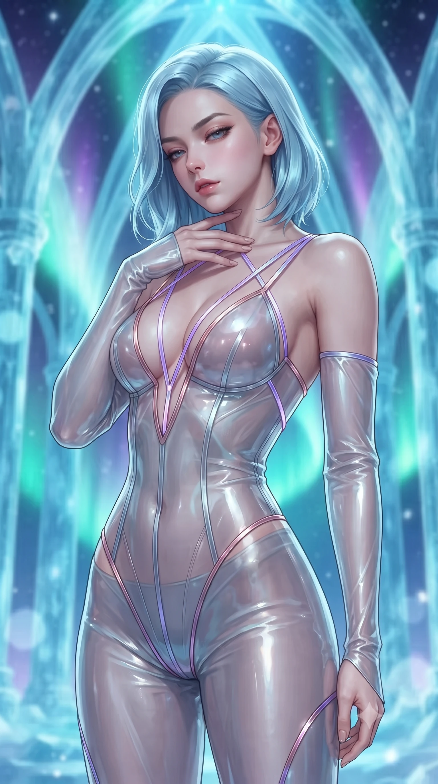 score_9, masterpiece, best quality, ultra-detailed, high-budget anime keyframe, editorial fashion photography, tasteful artistic composition, Korean woman. close-up cowboy shot from the waist and thighs up, the character dominates the composition, filling the frame with her large presence. resting her fingers lightly against her throat while looking down with a smoldering, haughty yet intensely captivating glance while arching her spine in a fluid stretch under a towering cathedral of transparent ice with starlight refracting through arches. The composition keeps background elements in soft focus with creamy bokeh. swirling emerald and violet aurora ribbons and crystal ice arches blurred into radiant, luminous cyan bokeh. She has an exceptionally elegant, slender, and willowy female figure with an ultra-slim waist, a gracefully sculpted slender torso, toned flat midriff, and a refined slim silhouette. sharp v-shaped jawline, high-bridge nose, intricate jewel-like eyes with depth, thick eyelashes, glossy lips with a natural sheen, flawlessly proportioned anatomical accuracy, strict slender model proportions, natural body alignment, perfectly sculpted long slender limbs, ultra-slim waistline, clean dynamic posture without body distortion. wearing a translucent cybernetic corset in semi-opaque structured vinyl, combined with detached sleeves and a deep-plunging neckline secured by glowing micro-straps in luminous lavender violet and rose gold, made of liquid metal jersey that clings flawlessly to every contour of her build, complemented by criss-cross back straps highlighting her completely bare spine, the liquid-tight tailored fabric emphasizing every curve of her tall, slender model proportions and sculptured silhouette during dynamic movement. bathed in glowing emerald and violet aurora borealis radiance and sparkling diamond-dust refractions. ultra-reflective glossy finish, specular highlights, metallic sheen, high-contrast stereoscopic depth, volumetric dynamic lighting, 2k, ultra detail, master piece, 9:16 ratio