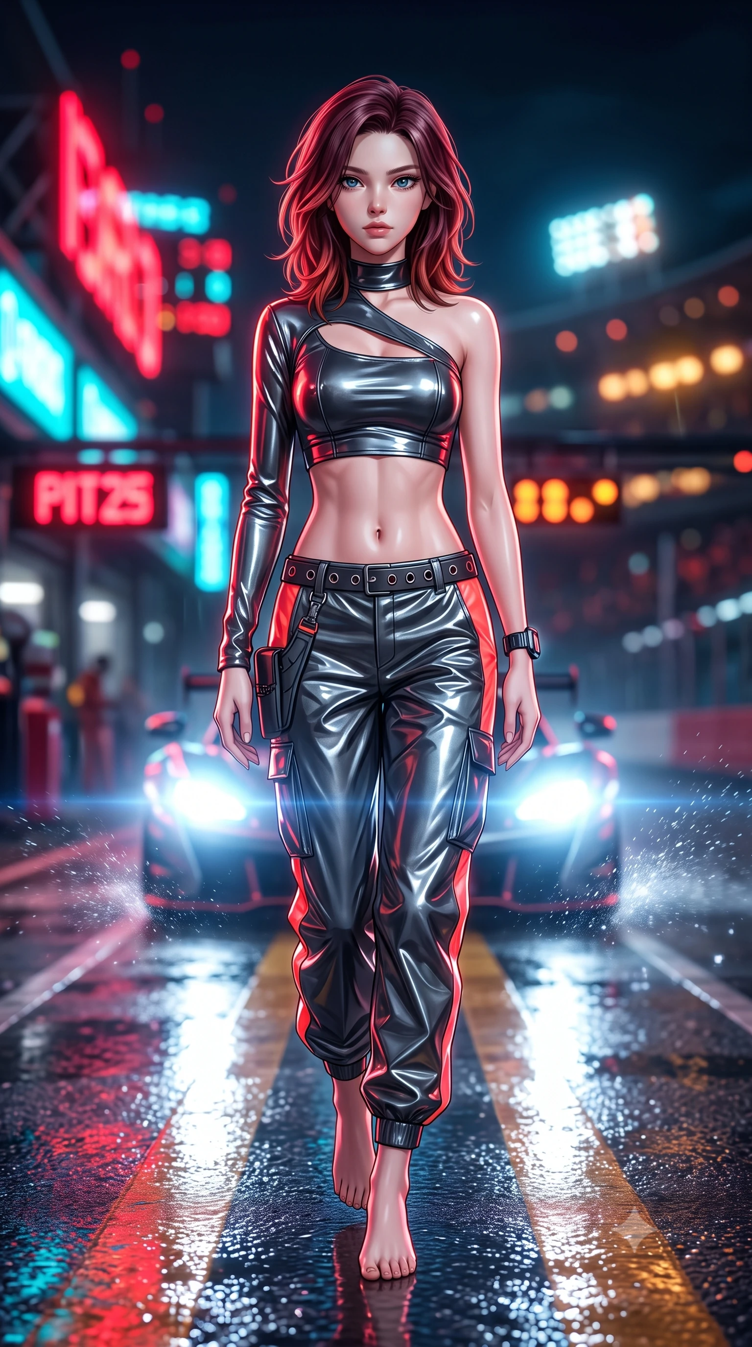 score_9, masterpiece, best quality, ultra-detailed, high-budget anime keyframe, semi-realistic 3D game render, editorial fashion photography, tasteful artistic composition, Korean woman. low angle full-body shot from head to toe showing her feet, filling the entire 9:16 vertical frame with her statuesque presence, stretching her vertical silhouette. pivoting dynamically with supreme athletic balance, her impossibly long slender legs and ultra-slim waist creating a mesmerizing vertical line while striding dynamically along the wet pitlane pavement as incoming headlights cast long, cinematic specular reflections. The composition keeps background elements in soft focus with creamy bokeh. flashing neon pitlane status boards and distant crowd stadium lights blurred into blazing crimson, electric cyan, and amber bokeh. She has an absolutely perfect, statuesque 8.5-heads proportion, an exceptionally tall and slender model-like female figure with impossibly long slender legs, a toned flat midriff, and an ultra-slim waist. sharp v-shaped jawline, high-bridge nose, intricate jewel-like eyes with depth, thick eyelashes, glossy parted lips with a natural sheen, intensely captivating and seductive expression, flawlessly proportioned anatomical accuracy, strict slender model proportions, natural body alignment, perfectly sculpted long slender limbs, ultra-slim waistline, clean dynamic posture without body distortion. wearing an asymmetric single-sleeve moto crop top paired with baggy metallic parachute trousers and grommet belt in metallic gunmetal and blazing neon coral, tailored from high-gloss patent vinyl with sharp specular chiaroscuro, equipped with a low-slung utility holster and racing telemetry smartwatch, the precision-cut daring openings accentuating her delicate midriff, graceful bare collarbones, and ultra-slim feminine waistline. bathed in high-intensity xenon hypercar headlights and neon pitlane floodlights. highly saturated vibrant anime colors, detailed shading with soft gradients, rich glossy textures, high-contrast stereoscopic depth, volumetric dynamic lighting, master piece, 9:16 ratio