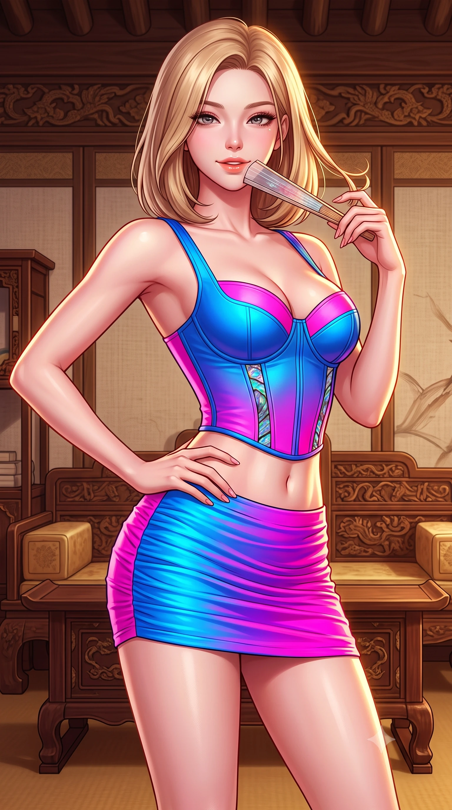 score_9, masterpiece, best quality, ultra-detailed, high-budget anime keyframe, semi-realistic 3D game render, editorial fashion photography, tasteful artistic composition, Korean woman. close-up cowboy shot from the waist and thighs up, the character dominates the composition, filling the frame with her large presence. twisting her slender torso in an alluring contrapposto stance, one hand resting on her sculpted hip while her fingers toy with her hair with effortless poise while twisting her slender torso in an alluring S-curve, iridescent abalone shell inlays mirroring her narrow waist and rounded hips. The surrounding environment is rendered in vivid detail and crisp panoramic clarity: detailed semi-sheer fabric weave, glistening lip gloss sheen, and historic imperial furniture craftsmanship in razor-sharp resolution. She has an exceptionally elegant, slender, and willowy female figure with an ultra-slim waist, flat toned midriff, narrow ribcage, and sculpted feminine hips creating an alluring, slim hourglass silhouette without bulk. sharp v-shaped jawline, high-bridge nose, sparkling eyes with hypnotic seductive depth, thick curled eyelashes, glossy parted lips with a natural dewy peach sheen, alluring bedroom-eyes with an enchanting coquettish smile, exuding magnetic siren charisma and sophisticated glamour, flawlessly proportioned anatomical accuracy, strict slender model proportions, natural body alignment, perfectly sculpted long slender limbs, ultra-slim waistline, clean dynamic posture without body distortion. wearing a structured boned leatherette corset top paired with an ultra-short ruched neon mini skirt in dual-tone high-contrast neon monochrome, woven from stretch metallic lurex jersey casting radiant starlight glints across her silhouette, finished with a transparent silk folding fan held gracefully near her glossy parted lips, the glove-like clinging cut tightly following the natural contour of her hips and long slender legs with youthful 8.5-heads elegance. illuminated by lacquer specular highlights and sharp warm-gold rim lights defining her razor-sharp jawline, narrow waist, and curvy hips. highly saturated vibrant anime colors, detailed shading with soft gradients, rich glossy textures, high-contrast stereoscopic depth, volumetric dynamic lighting, master piece, 9:16 ratio