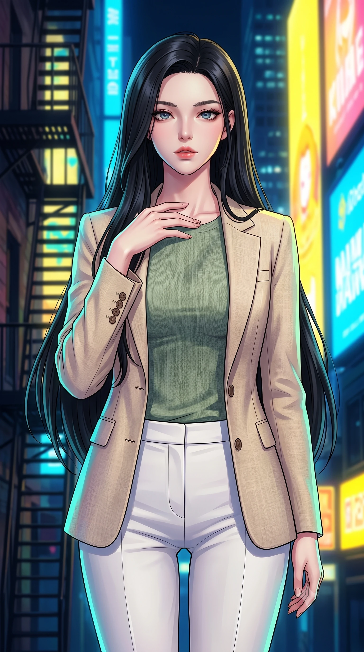 score_9, masterpiece, best quality, ultra-detailed, high-budget anime keyframe, tasteful artistic composition, Korean woman. close-up cowboy shot from the waist and thighs up, the character dominates the composition, filling the frame with her large presence, background elements kept in soft focus. standing with one hand resting on her collarbone, looking at the viewer with bedroom-eyes the background shows a soft-focus a narrow fire escape stairs attached to a towering neon skyscraper. She has an exceptionally elegant, slender, and willowy female figure with an ultra-slim waist, a gracefully sculpted slender torso, and a refined silhouette. sharp v-shaped jawline, high-bridge nose, intricate jewel-like eyes with depth, thick eyelashes, glossy lips with a natural sheen. wearing a slim-fit tailored beige linen blazer over a sage green knit top and white trousers. intense yellow and blue ambient glow from the massive advertisements across the street. highly saturated vibrant anime colors, cel-shading, 2d style, master piece, 9:16 ratio