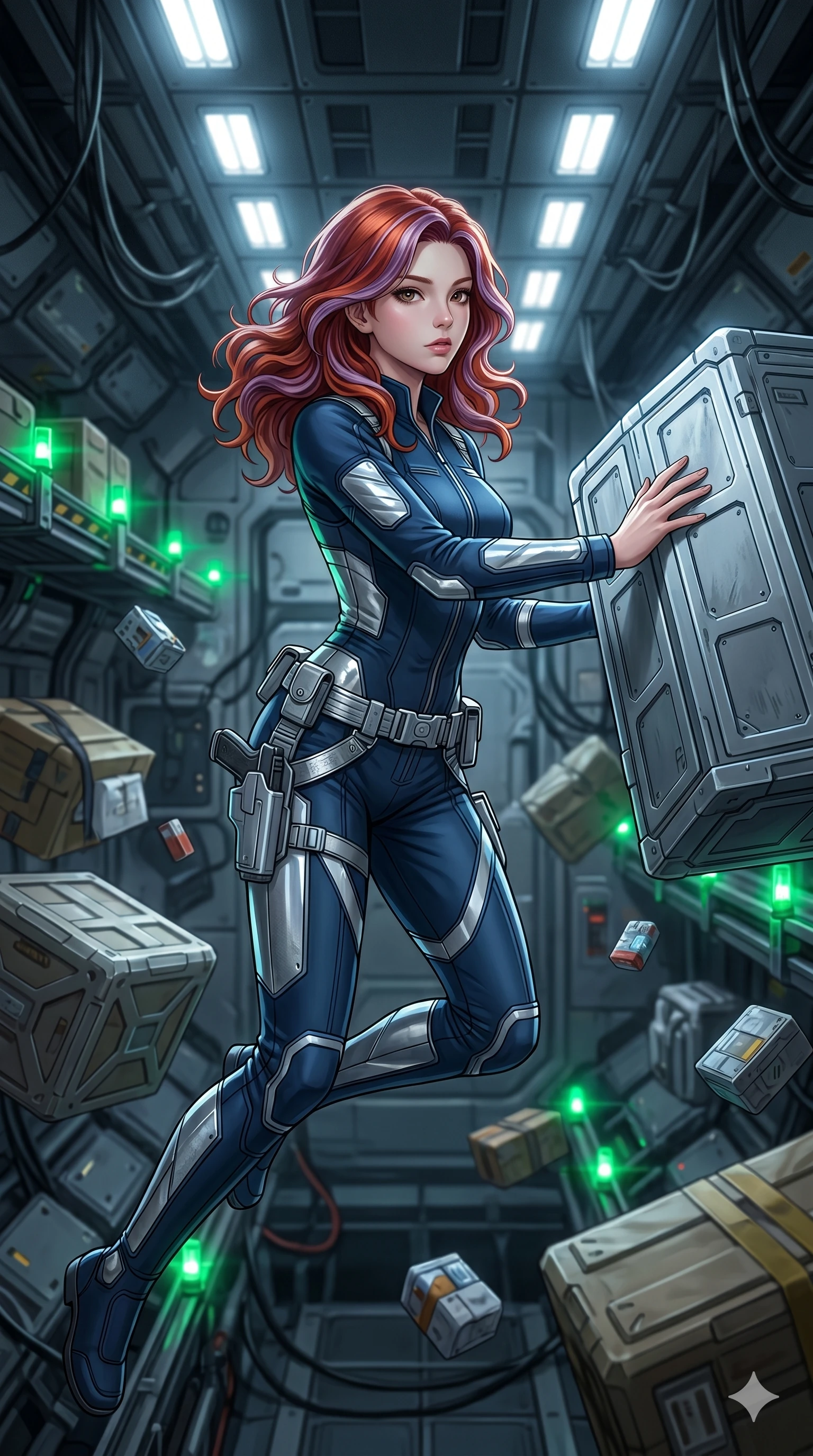 score_9, masterpiece, best quality, ultra-detailed, high-budget anime keyframe, Caucasian woman, strictly human ears. Upper body close-up from the thighs up, character filling the screen for maximum presence. Standing in a zero-gravity cargo bay, surrounded by floating crates, pushing a container with a fluid, graceful movement. She is wearing a utility jumpsuit with reflective panels and a silver utility belt. The scene is illuminated by green safety beacons and white workspace lights. 2k, ultra detail, master piece, 9:16 ratio