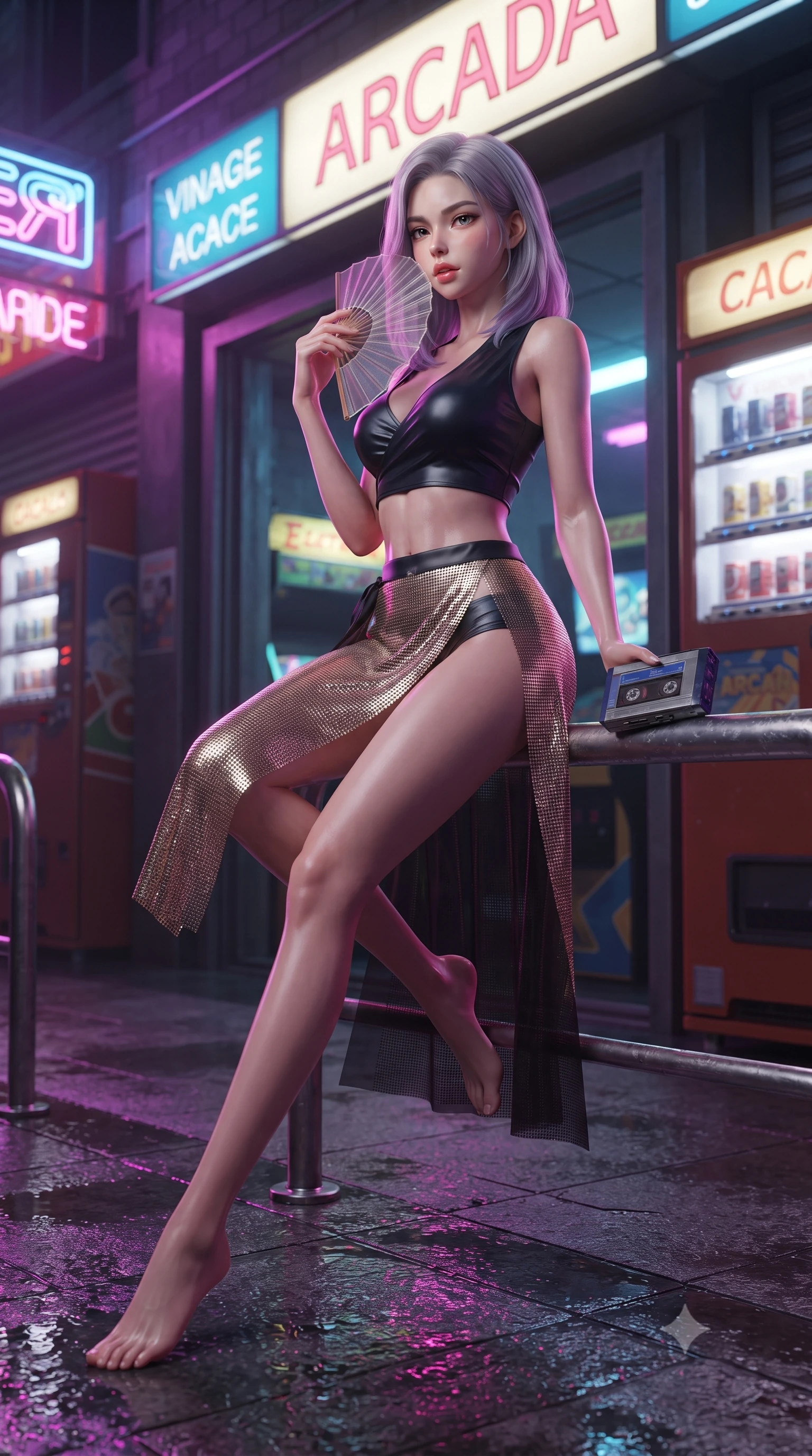 score_9, masterpiece, best quality, ultra-detailed, high-budget anime keyframe, editorial fashion photography, tasteful artistic composition, Caucasian woman. low angle full-body shot from head to toe showing her feet, filling the entire 9:16 vertical frame with her statuesque presence, stretching her vertical silhouette. executing a slow, graceful pivot turn as her skirt sways around her slender legs, glancing back with an enchanting, teasing sensual expression while sitting perched on the metal railing of the arcade entrance with legs extended, holding a cassette walkman with effortless 80s cool. The surrounding environment is rendered in vivid detail and crisp panoramic clarity: sharp wet pavement reflection clarity, vintage arcade marquee typography, and vending machine can slots in deep focus. She has an absolutely perfect, statuesque 8.5-heads proportion, an exceptionally tall and slender model-like female figure with impossibly long slender legs, an ultra-slim waist, a flat toned midriff, narrow delicate ribcage, and beautifully sculpted feminine hips creating a graceful, slim hourglass silhouette without any bulky heaviness. sharp v-shaped jawline, high-bridge nose, sparkling eyes with hypnotic seductive depth, thick curled eyelashes, glossy parted lips with a natural dewy peach sheen, alluring bedroom-eyes with an enchanting coquettish smile, exuding magnetic siren charisma and sophisticated glamour, flawlessly proportioned anatomical accuracy, strict slender model proportions, natural body alignment, perfectly sculpted long slender limbs, ultra-slim waistline, clean dynamic posture without body distortion. wearing a plunging sweetheart-neckline silk jeogori crop top paired with an ultra-high-slit translucent chima wrap skirt and satin briefs in midnight obsidian black and shimmering liquid champagne gold, crafted from shimmering fluid chainmail mesh reflecting ambient neon lights, finished with a transparent silk folding fan held gracefully near her glossy parted lips, the second-skin tailored fabric adhering flawlessly to her sculpted flat midriff and slender torso, emphasizing her long leg lines and perfectly proportioned willowy build. illuminated by puddle specular bounce and sharp magenta rim lights defining her razor-sharp jawline, ultra-slim waist, and curvy hips. ultra-reflective glossy finish, specular highlights, rich textural contrasts, high-contrast stereoscopic depth, volumetric dynamic lighting, 2k, ultra detail, master piece, 9:16 ratio