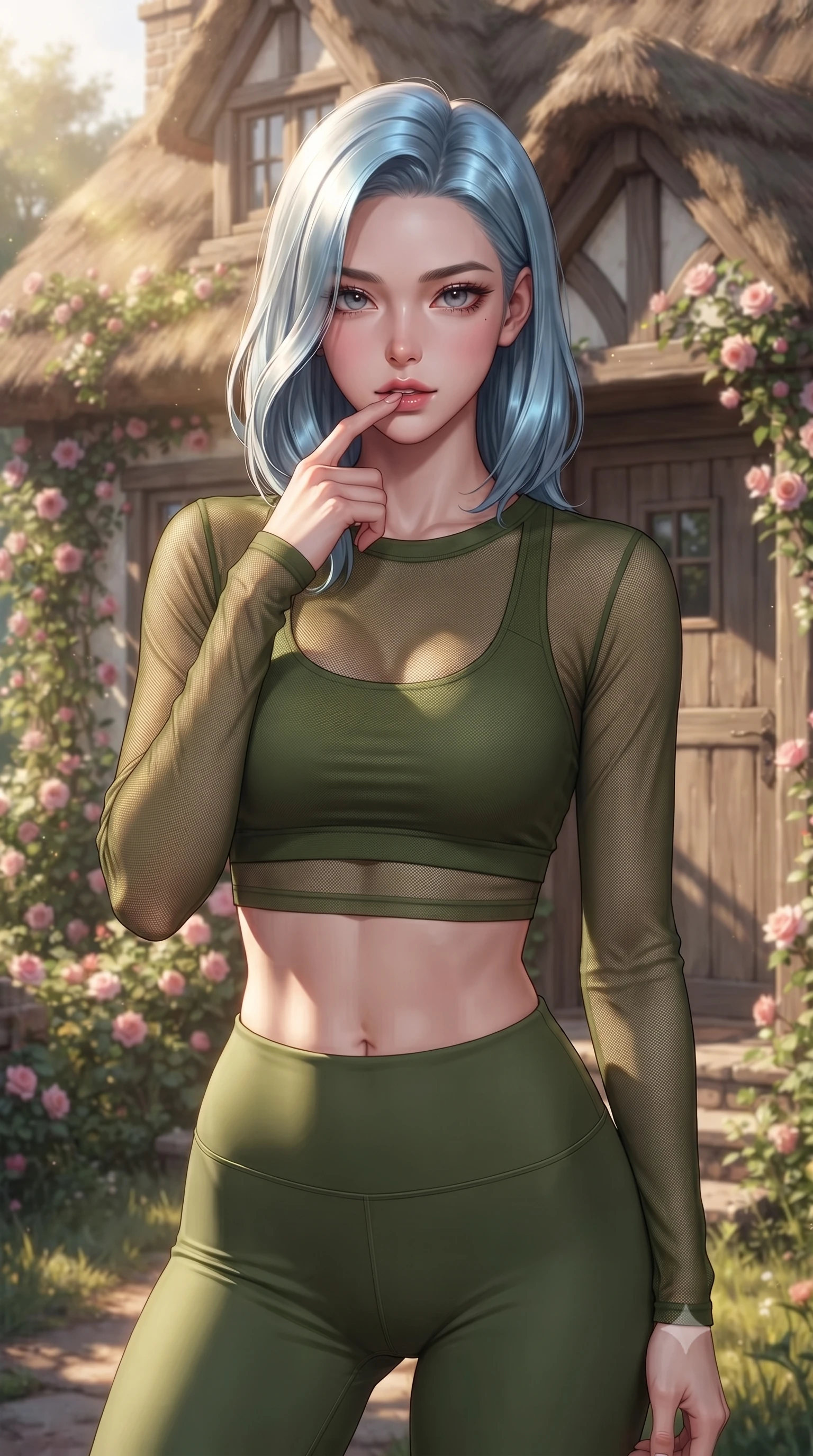 score_9, masterpiece, best quality, ultra-detailed, high-budget anime keyframe, editorial fashion photography, tasteful artistic composition, Korean woman woman. close-up cowboy shot from the waist and thighs up, the character dominates the composition, filling the frame with her large presence, background elements kept in soft focus. pressing one finger to her bottom lip in a thoughtful, seductive gesture under the warm sun the background shows a soft-focus the front porch of a charming thatched-roof cottage covered in climbing pink roses. She has an exceptionally elegant, slender, and willowy female figure with an ultra-slim waist, a gracefully sculpted slender torso, and a refined silhouette. sharp v-shaped jawline, high-bridge nose, intricate jewel-like eyes with depth, thick eyelashes, glossy lips with a natural sheen. wearing a tailored sheer mesh long-sleeve crop top in olive green, worn over a matching sports bra and leggings. warm morning sunbeams highlighting the rustic wooden door and flowers. ultra-reflective glossy finish, specular highlights, metallic sheen, high-contrast stereoscopic depth, volumetric dynamic lighting, 2k, ultra detail, master piece, 9:16 ratio