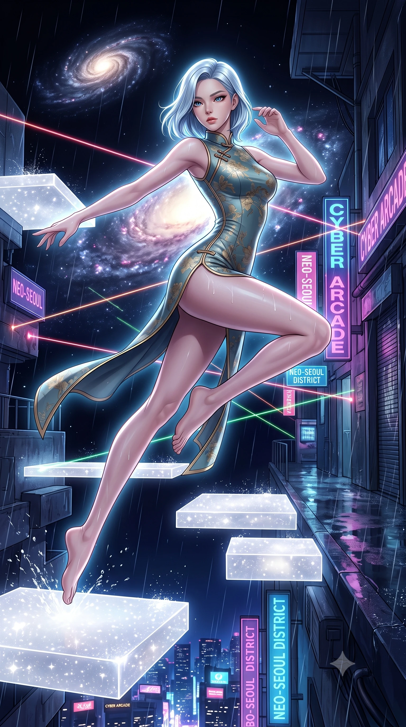 score_9, masterpiece, best quality, ultra-detailed, high-budget anime keyframe, editorial fashion photography, tasteful artistic composition, Korean woman. low angle full-body shot from head to toe showing her feet, filling the entire 9:16 vertical frame with her statuesque presence, stretching her vertical silhouette. dashing through rain-slicked cyberpunk alleyways, dodging laser tripwires with fluid agility through a platform made of solidified white starlight, floating in a dark cosmic void between spiral galaxies. She has a statuesque 8.5-heads proportion, an exceptionally tall, slender and willowy model-like build with impossibly long legs and a highly sculpted ultra-slim waist. sharp v-shaped jawline, high-bridge nose, intricate jewel-like eyes with depth, thick eyelashes, glossy lips with a natural sheen. wearing tailored for maximum mobility, sleek form-contouring panels that allow fluid movement, a body-hugging modernized qipao-inspired dress in a muted teal and gold floral print with a mandarin collar. highly saturated vibrant anime colors, intense vivid color palette, soft 3D volumetric shading, volumetric dynamic lighting, dramatic backlight creating a radiant halo effect around her entire silhouette. 2k, ultra detail, master piece, 9:16 ratio