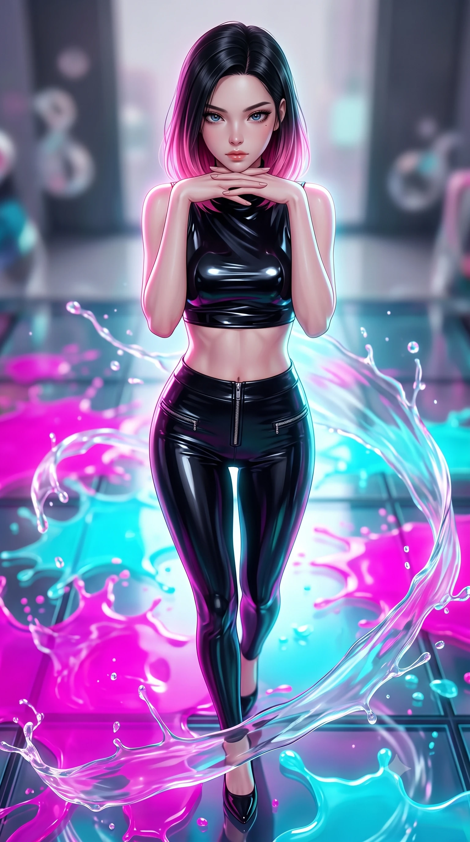 score_9, masterpiece, best quality, ultra-detailed, high-budget anime keyframe, editorial fashion photography, tasteful artistic composition, Korean woman. close-up cowboy shot from the waist and thighs up, the character dominates the composition, filling the frame with her large presence, background elements kept in soft focus. Resting her chin on the backs of her fingers, casting a sharp, mysterious gaze stepping across a reflective glass floor drenched in vibrant fluid splashes, translucent liquid acrylic trails creating dynamic motion paths. She has an exceptionally elegant, slender, and willowy female figure with an ultra-slim waist, a gracefully sculpted slender torso, and a refined silhouette. sharp v-shaped jawline, high-bridge nose, intricate jewel-like eyes with depth, thick eyelashes, glossy lips with a natural sheen. wearing a glossy vinyl crop top and high-waist tailored leggings with sleek metallic zippers, the elegant draped fit framing her graceful clavicle and slender torso. surrounded by a radiant glow of magenta and aqua fluid highlights. highly saturated vibrant anime colors, detailed shading with soft gradients, rich glossy textures, high-contrast stereoscopic depth, volumetric dynamic lighting, master piece, 9:16 ratio