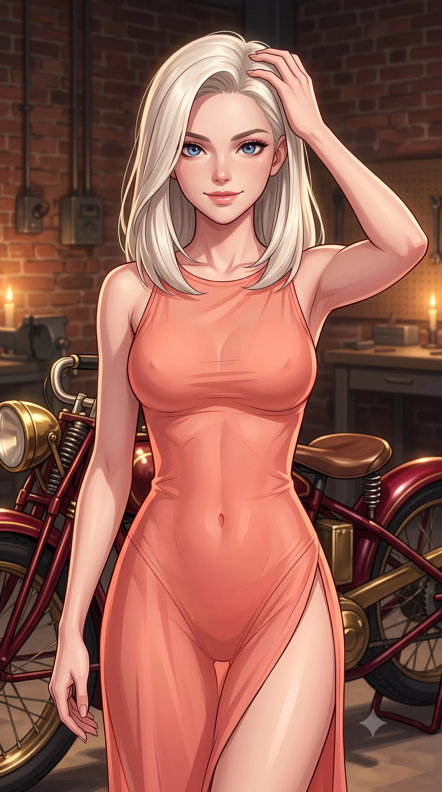 score_9, masterpiece, best quality, ultra-detailed, high-budget anime keyframe, tasteful artistic composition, Caucasian woman. close-up cowboy shot from the waist and thighs up, the character dominates the composition, filling the frame with her large presence, background elements kept in soft focus. smiling with quiet, magnetic self-assurance directly into the camera, running a hand through her hair the background shows a soft-focus a private hangar with a vintage motorcycle and exposed brick walls. She has an exceptionally elegant, slender, and willowy female figure with an ultra-slim waist, a gracefully sculpted slender torso, and a refined silhouette. sharp v-shaped jawline, high-bridge nose, intricate jewel-like eyes with depth, thick eyelashes, glossy lips with a natural sheen. wearing a body-hugging high-slit sheer chiffon resort dress in soft coral, revealing the contours of her athletic build through the fabric. warm candlelight casting dramatic shadows on the steel motorcycle parts. highly saturated vibrant anime colors, cel-shading, 2d style, master piece, 9:16 ratio