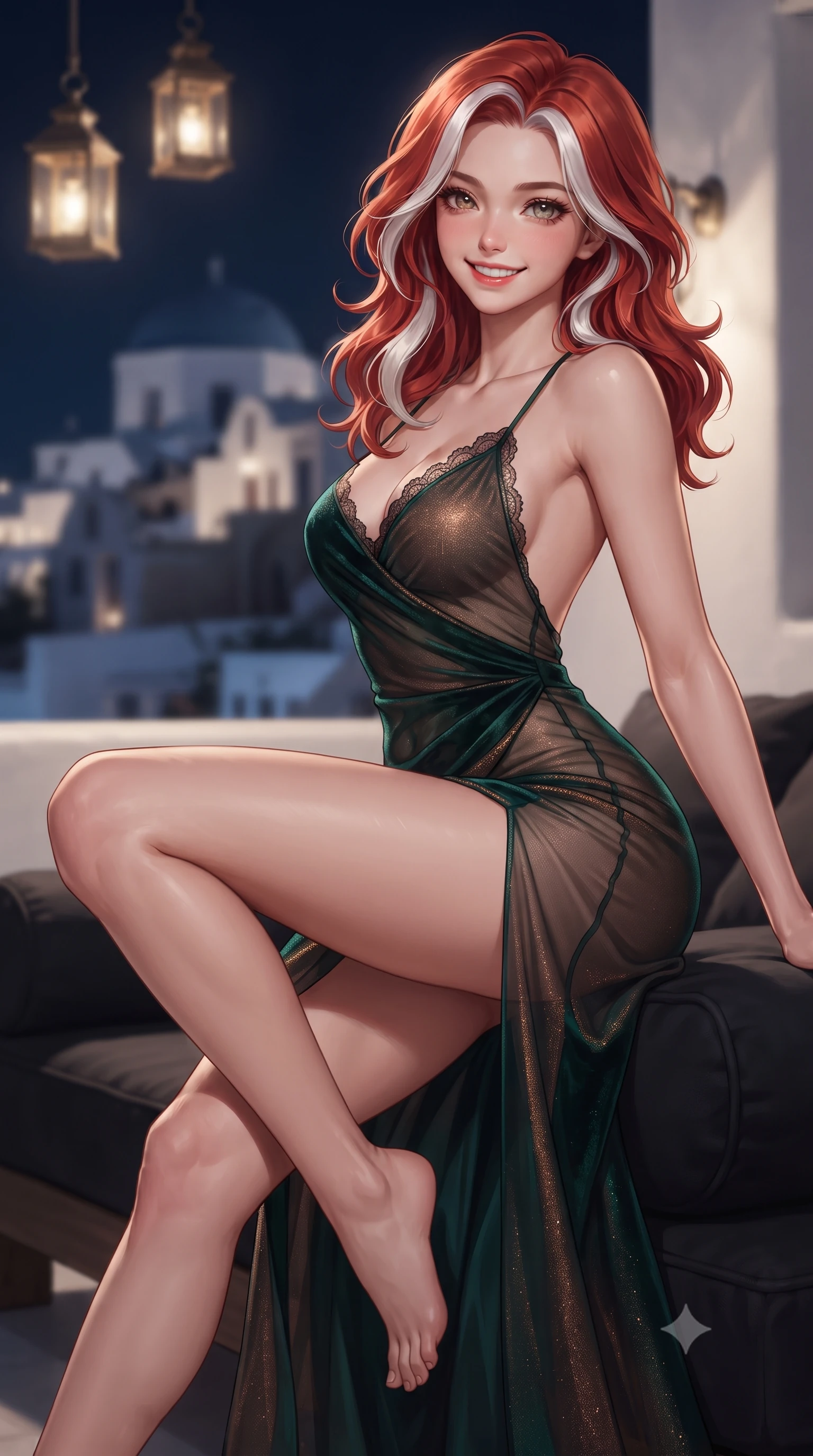 score_9, masterpiece, best quality, ultra-detailed, high-budget anime keyframe, editorial fashion photography, tasteful artistic composition, Caucasian woman. close-up cowboy shot from the waist and thighs up, the character dominates the composition, filling the frame with her large presence. perched sideways on the lounge seat, one knee drawn up to showcase her slender leg line while her arched back accentuates her feminine hip curve while twisting her slender torso in an alluring contrapposto stance, midnight Aegean breezes fluttering her sheer gown around her long slender legs. The background shows a soft-focus hanging brass lanterns softened in iconic Greek landmark shallow focus. She has an exceptionally elegant, slender, and willowy female figure with an ultra-slim waist, flat toned midriff, narrow ribcage, and sculpted feminine hips creating an alluring, slim hourglass silhouette without bulk. sharp v-shaped jawline, high-bridge nose, intricate jewel-like sparkling eyes with depth, thick eyelashes, glossy parted lips with a natural peach sheen, bright cheerful beaming smile with an enchanting and coquettish sensual glint, exuding both youthful cute charm and seductive allure, flawlessly proportioned anatomical accuracy, strict slender model proportions, natural body alignment, perfectly sculpted long slender limbs, ultra-slim waistline, clean dynamic posture without body distortion. wearing an alluring backless sheer organza wrap dress with hip-high slit clinging softly in the Aegean sea breeze in deep emerald velvet and shimmering bronze, woven from fine semi-opaque stretch illusion mesh tracing her slender contours, finished with scalloped eyelash lace trim framing her sweetheart neckline with intimate elegance, the liquid-tight tailored fabric clinging flawlessly to her narrow waist and rounded feminine hips, emphasizing every millimeter of her sculpted slim hourglass curves without any bulky heaviness. illuminated by whitewashed wall reflection bounce and sharp champagne-gold rim lights sculpting her dewy collarbones, ultra-slim waist, and curvy hips. ultra-reflective glossy finish, specular highlights, rich textural contrasts, high-contrast stereoscopic depth, volumetric dynamic lighting, 2k, ultra detail, master piece, 9:16 ratio