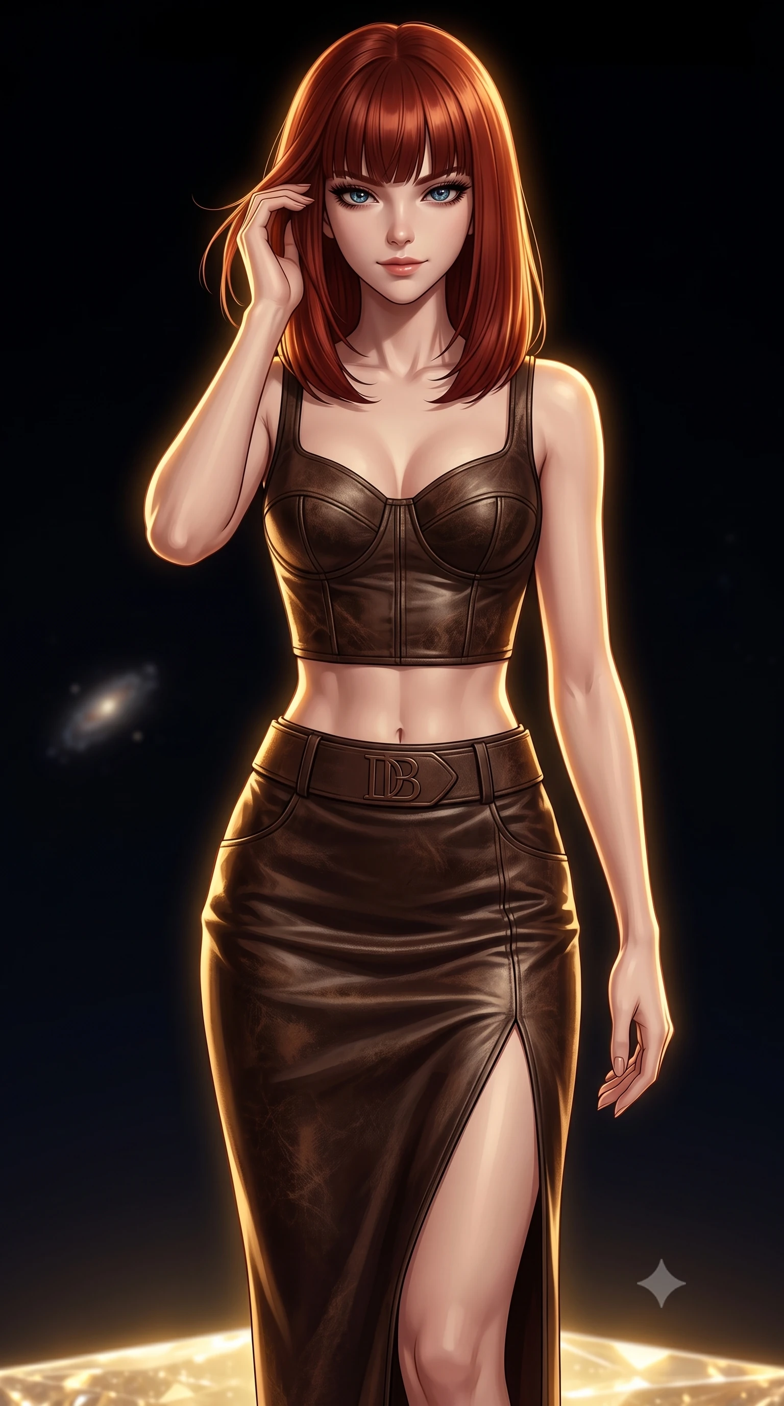 score_9, masterpiece, best quality, ultra-detailed, high-budget anime keyframe, editorial fashion photography, tasteful artistic composition, Caucasian woman, strictly human ears. close-up cowboy shot from the waist and thighs up, the character dominates the composition, filling the frame with her large presence, background elements kept in soft focus. Gently brushing hair from her face with an enigmatic half-smile. set against a soft-focus background of the absolute emptiness of intergalactic space between galaxy clusters a single small platform of crystallized light floating in infinite darkness with the nearest galaxy a faint smudge billions of light-years away. She has an exceptionally elegant and slender, willowy female figure with an ultra-slim waist, a gracefully sculpted slender torso, and a refined slim physique. sharp v-shaped jawline, high-bridge nose, intricate jewel-like eyes with depth, thick eyelashes, glossy lips with a natural sheen. wearing a fitted bustier top in dark chocolate brown leather, paired with a matching high-waisted midi skirt with a high side slit. a single source of warm golden light from the platform itself against absolute total darkness creating the most extreme contrast between existence and void. 2k, ultra detail, master piece, 9:16 ratio