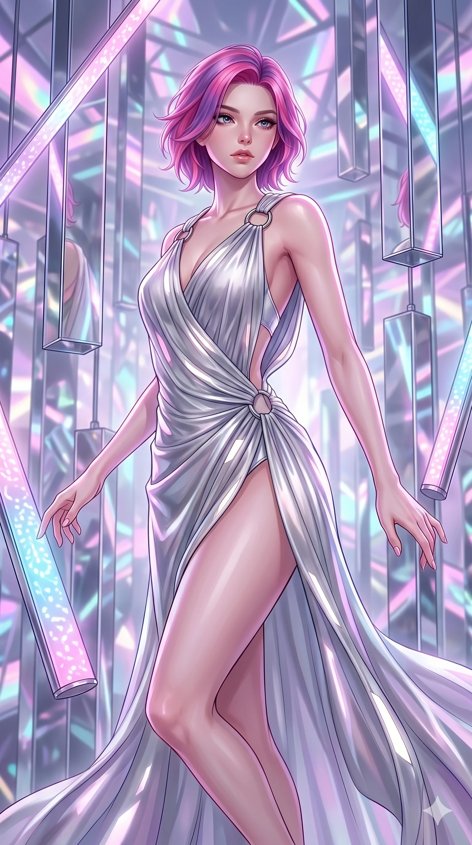 score_9, masterpiece, best quality, ultra-detailed, high-budget anime keyframe, Caucasian woman, strictly human ears. upper body close-up from the thighs up, character filling the screen for maximum presence. navigating a kinetic light-sculpture mirror maze, passing between floating chromium mirror pillars and rotating LED sticks. She has an absolutely perfect 8-heads proportion, an exceptionally tall and slender female figure with impossibly long slender legs and an ultra-slim waist. V-shaped jawline, high-bridge nose, intricate jewel-like eyes with depth, thick eyelashes, glossy lips with a natural sheen.. wearing a draped Grecian cyber-gown, featuring draped silver metallic chiffon held by metal ring hardware, displaying a high-leg line. enhanced by a luminous pastel spectrum glow, casting elegant rim lights on her shoulders and jawline. 2k, ultra detail, master piece, 9:16 ratio