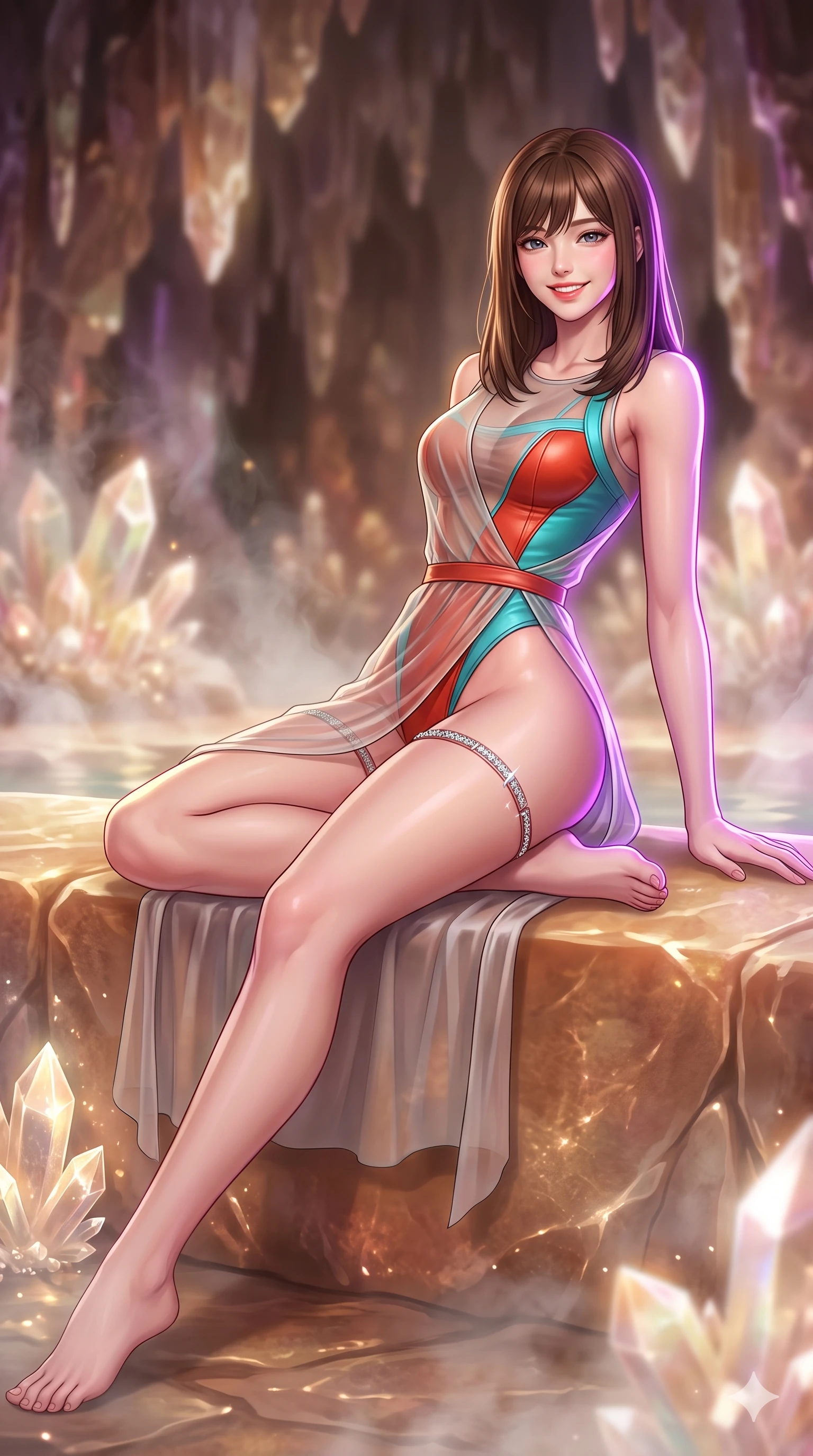 score_9, masterpiece, best quality, ultra-detailed, high-budget anime keyframe, semi-realistic 3D game render, editorial fashion photography, tasteful artistic composition, Korean woman. close-up cowboy shot from the waist and thighs up, the character dominates the composition, filling the frame with her large presence. perched sideways on the lounge seat, one knee drawn up to showcase her slender leg line while her arched back accentuates her feminine hip curve while lounging gracefully across the warm crystalline stone bench propped on one elbow with legs extended, displaying her long slender limbs and statuesque hourglass silhouette. The background shows a soft-focus warm geode steam softened in subterranean crystal sanctuary shallow focus. She has an exceptionally elegant, slender, and willowy female figure with an ultra-slim waist, flat toned midriff, narrow ribcage, and sculpted feminine hips creating an alluring, slim hourglass silhouette without bulk. sharp v-shaped jawline, high-bridge nose, intricate jewel-like sparkling eyes with depth, thick eyelashes, glossy parted lips with a natural peach sheen, bright cheerful beaming smile with an enchanting and coquettish sensual glint, exuding both youthful cute charm and seductive allure, flawlessly proportioned anatomical accuracy, strict slender model proportions, natural body alignment, perfectly sculpted long slender limbs, ultra-slim waistline, clean dynamic posture without body distortion. wearing a semi-opaque sheer overlay dress worn over a leather micro-bodysuit with high-cut leg openings in cyber-shinto vermilion and laser turquoise, woven from buttery-soft stretch lambskin leather adhering to her body like a second skin, finished with delicate crystal-encrusted thigh garter straps glinting in the dim light, the high-slit wrap tailoring accentuating her ultra-slim waistline and the enchanting curve of her feminine hips with alluring seductive charm. illuminated by pool surface reflection bounce and sharp neon-violet rim lights sculpting her jawline, narrow waist, and curvy hips. highly saturated vibrant anime colors, detailed shading with soft gradients, rich glossy textures, high-contrast stereoscopic depth, volumetric dynamic lighting, master piece, 9:16 ratio