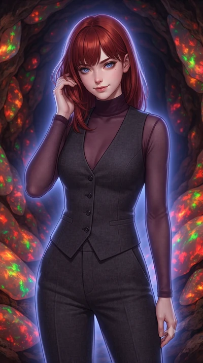 score_9, masterpiece, best quality, ultra-detailed, high-budget anime keyframe, editorial fashion photography, tasteful artistic composition, Caucasian woman, strictly human ears. close-up cowboy shot from the waist and thighs up, the character domin