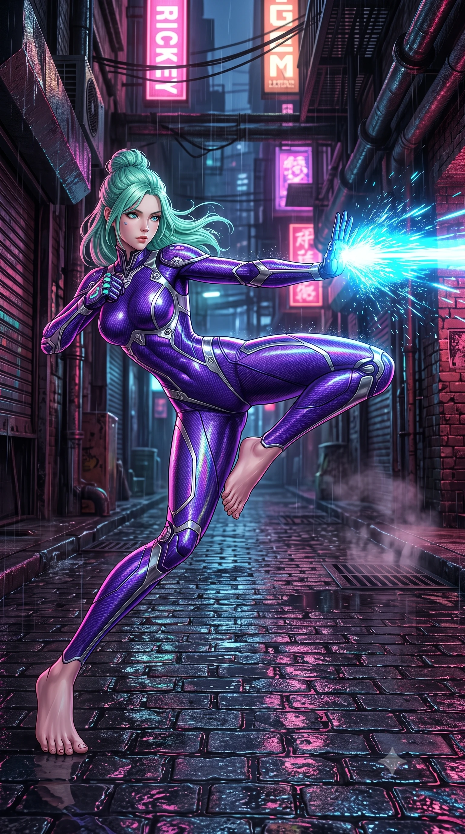 score_9, masterpiece, best quality, ultra-detailed, high-budget anime keyframe, semi-realistic 3D game render, editorial fashion photography, tasteful artistic composition, Japanese woman. low angle full-body shot from head to toe showing her feet, filling the entire 9:16 vertical frame with her statuesque presence, stretching her vertical silhouette. pivoting dynamically in a high-speed low sweep kick along the reflective floor, her athletic torso and ultra-slim waist twisting in a fluid arc of power while pivoting dynamically on wet cobblestones as her defensive palm parry disperses an incoming neon energy blast. The surrounding environment is rendered in vivid detail and crisp panoramic clarity. high-contrast noir chiaroscuro and atmospheric cyberpunk urban textures captured with precision. She has an absolutely perfect, statuesque 8.5-heads proportion, an exceptionally tall and slender model-like female figure with impossibly long slender legs, a toned flat midriff, and an ultra-slim waist. sharp v-shaped jawline, high-bridge nose, intricate jewel-like eyes with depth, thick eyelashes, glossy lips with a natural sheen, flawlessly proportioned anatomical accuracy, strict slender model proportions, natural body alignment, perfectly sculpted long slender limbs, ultra-slim waistline, clean dynamic posture without body distortion. wearing a precision-fitted royal purple carbon-fiber martial arts suit with silver accents and glowing micro-circuit knuckle plating in high-gloss iridescent rainbow carbon with prism holographic sheen, made of lightweight aerodynamic carbon-titanium alloy with polished edge bevels, detailed with magnetic knuckle shock-absorbers and polished chrome articulation joints, the liquid-tight tailored fabric emphasizing every curve of her tall, slender model proportions and sculptured silhouette during dynamic movement. surrounded by a dangerous, gritty, and intensely captivating martial femme-fatale noir aura. rich saturated anime colors with glowing neon highlights, detailed shading with soft gradients, rich glossy textures, high-contrast stereoscopic depth, volumetric dynamic lighting, master piece, 9:16 ratio