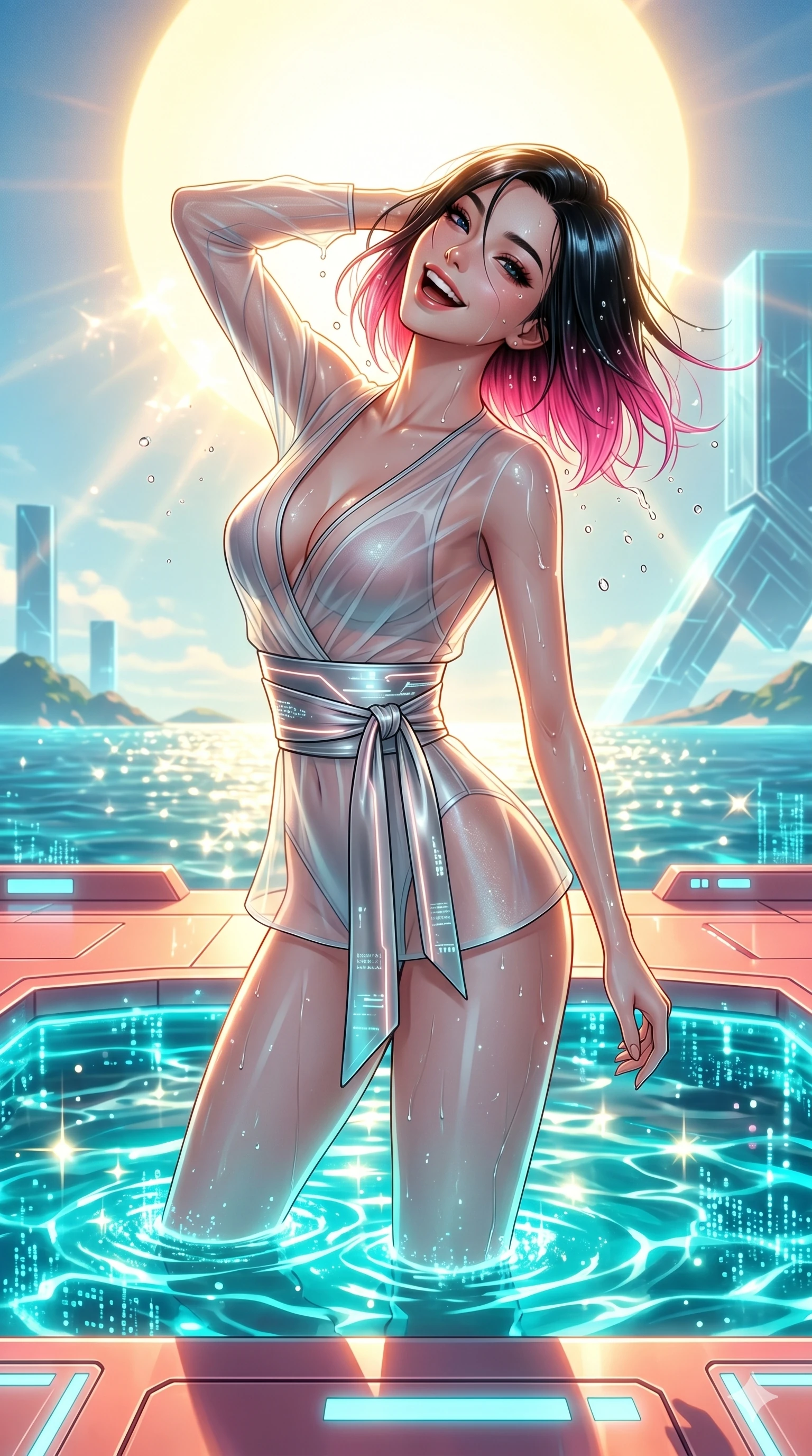 score_9, masterpiece, best quality, ultra-detailed, high-budget anime keyframe, editorial fashion photography, tasteful artistic composition, Korean woman. Upper body close-up from the thighs up, character filling the screen for maximum presence. She is emerging from a virtual holographic ocean under a giant artificial sun. She arches her back, shaking water droplets from her hair with a free-spirited, enticing laugh. She has an absolutely perfect 8-heads proportion, an exceptionally tall and slender female figure with impossibly long slender legs and an ultra-slim waist. V-shaped jawline, high-bridge nose, intricate jewel-like eyes with depth, thick eyelashes, glossy lips with a natural sheen. She is wearing a shortened cyber-fusion wrap top with transparent chiffon panels, a deep crossover neckline, and a high-waisted metallic sash that accentuates her ultra-slim waist. The scene is drenched in bright midday beach sun and sparkling caustic reflections from the neon turquoise water. 2k, ultra detail, master piece, 9:16 ratio
