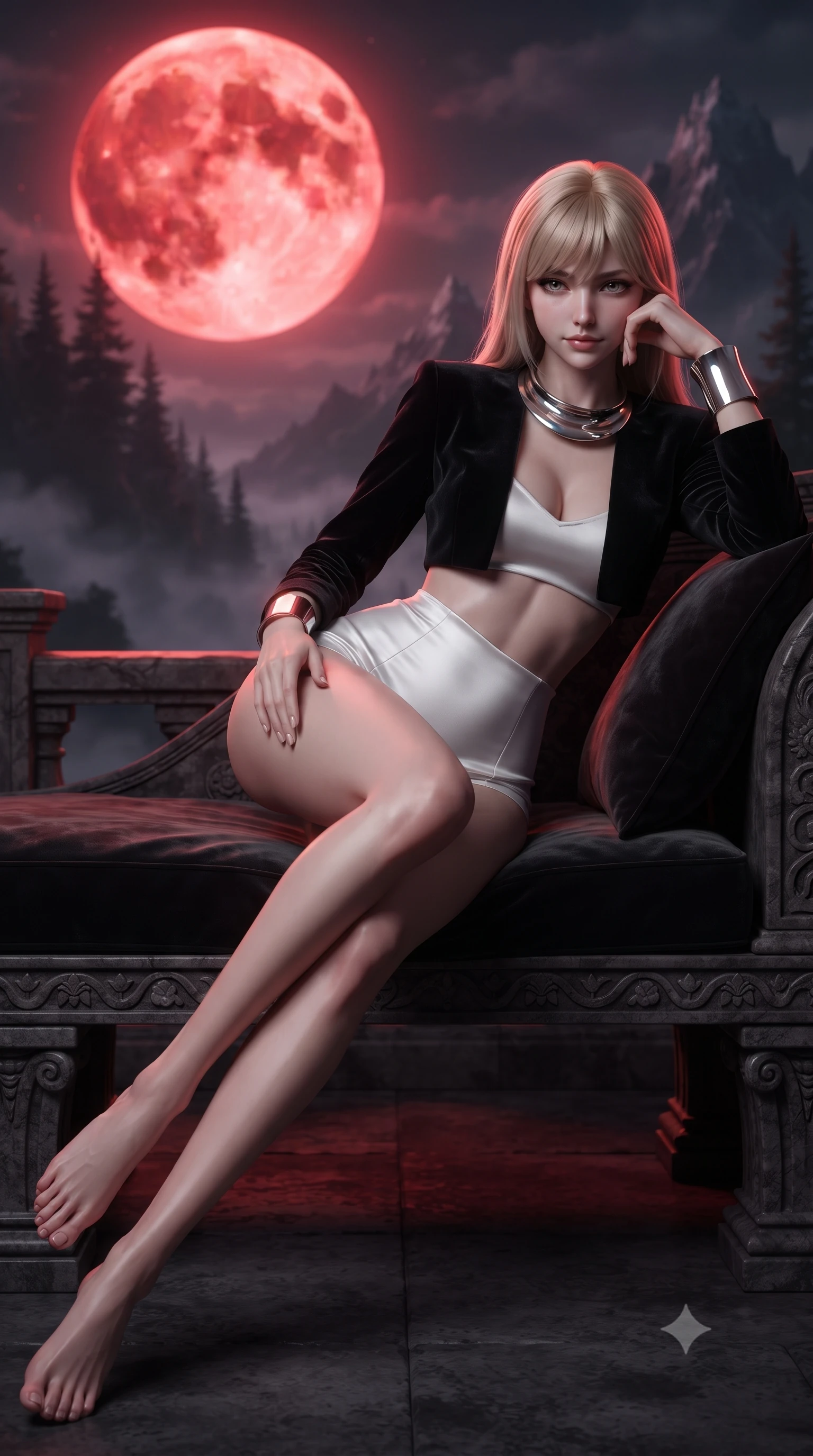 score_9, masterpiece, best quality, ultra-detailed, high-budget anime keyframe, editorial fashion photography, tasteful artistic composition, Japanese woman. low angle full-body shot from head to toe showing her feet, filling the entire 9:16 vertical frame with her statuesque presence, stretching her vertical silhouette. lounging on the lavish daybed with legs crossed and hips angled toward the camera, displaying her toned midriff and long slender limbs with effortless siren poise while lounging on the stone balcony bench propped on one elbow, her flat midriff and statuesque 8.5-heads build commanding the nocturnal abyss. The background shows a soft-focus the colossal glowing crimson blood moon, jagged pine-covered mountain peaks, and swirling valley fog blurred into blood-orange, charcoal, and violet bokeh. She has an absolutely perfect, statuesque 8.5-heads proportion, an exceptionally tall and slender model-like female figure with impossibly long slender legs, an ultra-slim waist, a flat toned midriff, narrow delicate ribcage, and beautifully sculpted feminine hips creating a graceful, slim hourglass silhouette without any bulky heaviness. sharp v-shaped jawline, high-bridge nose, sparkling eyes with hypnotic seductive depth, thick curled eyelashes, glossy parted lips with a natural dewy peach sheen, alluring bedroom-eyes with an enchanting coquettish smile, exuding magnetic siren charisma and sophisticated glamour, flawlessly proportioned anatomical accuracy, strict slender model proportions, natural body alignment, perfectly sculpted long slender limbs, ultra-slim waistline, clean dynamic posture without body distortion. wearing a modern two-piece vampire siren set featuring an open-front velvet bolero and curve-hugging satin hot-pants in high-contrast minimalist monochrome black and pure alabaster white, tailored from fine structural neoprene with crisp architectural edges and smooth contouring, finished with a sculptural silver torque collar and a matching wide architectural wrist cuff, the high-slit wrap tailoring accentuating her ultra-slim waistline and the enchanting curve of her feminine hips with alluring seductive charm. illuminated by stone parapet reflection fill and sharp deep-crimson rim lights sculpting her jawline, flat midriff, and curvy hips. ultra-reflective glossy finish, specular highlights, rich textural contrasts, high-contrast stereoscopic depth, volumetric dynamic lighting, 2k, ultra detail, master piece, 9:16 ratio