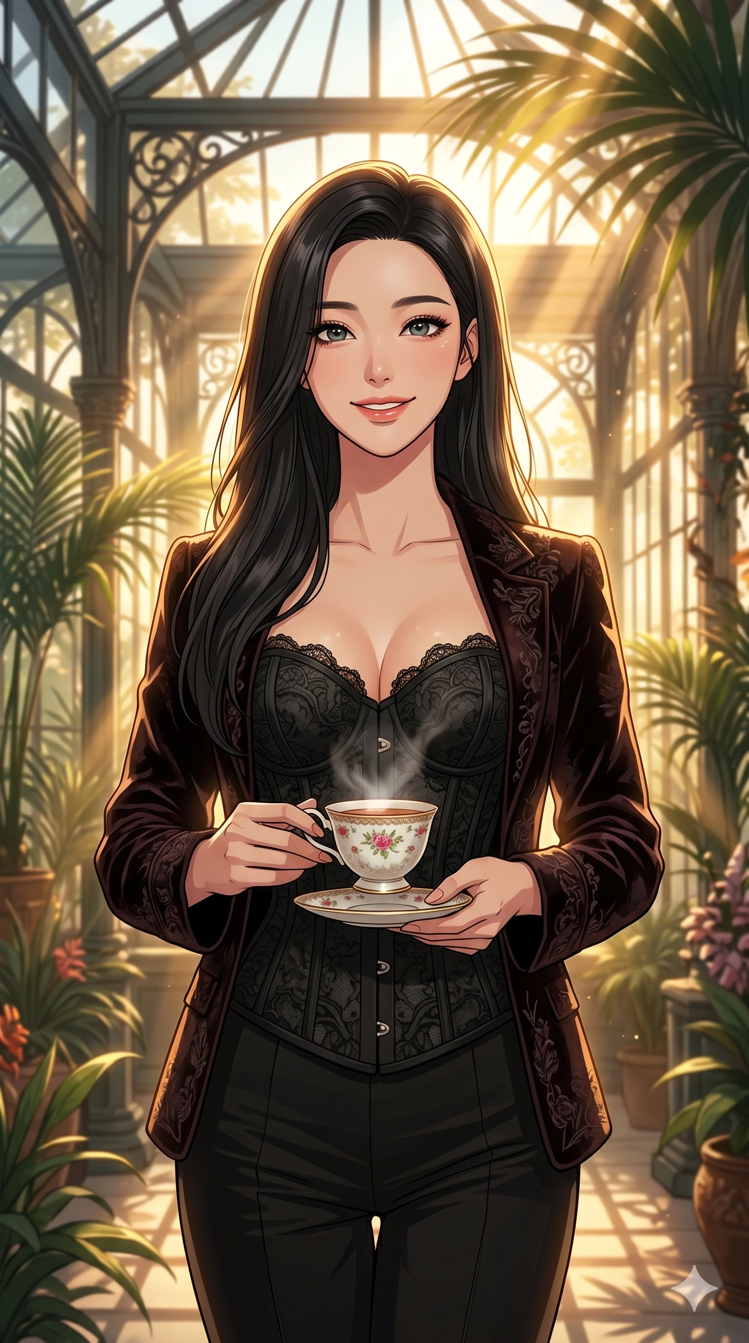 score_9, masterpiece, best quality, ultra-detailed, high-budget anime keyframe, vibrant anime aesthetic, Korean woman. cowboy shot from the thighs up, character and outfit filling the frame for maximum presence. She is holding a cup of tea, smiling warmly with a gentle and cheerful gaze inside a spacious conservatory with tall palms (Code-P20-171). She has an absolutely perfect 8-heads proportion, an exceptionally tall and slender female figure with impossibly long slender legs and an ultra-slim waist. V-shaped jawline, high-bridge nose, intricate jewel-like eyes with depth, thick eyelashes, glossy lips with a natural sheen. wearing a structured lace corset with sweetheart neckline showing her cleavage. She is illuminated by warm, golden sun rays highlighting the textures of her designer jacket. 2k, ultra detail, master piece, 9:16 ratio