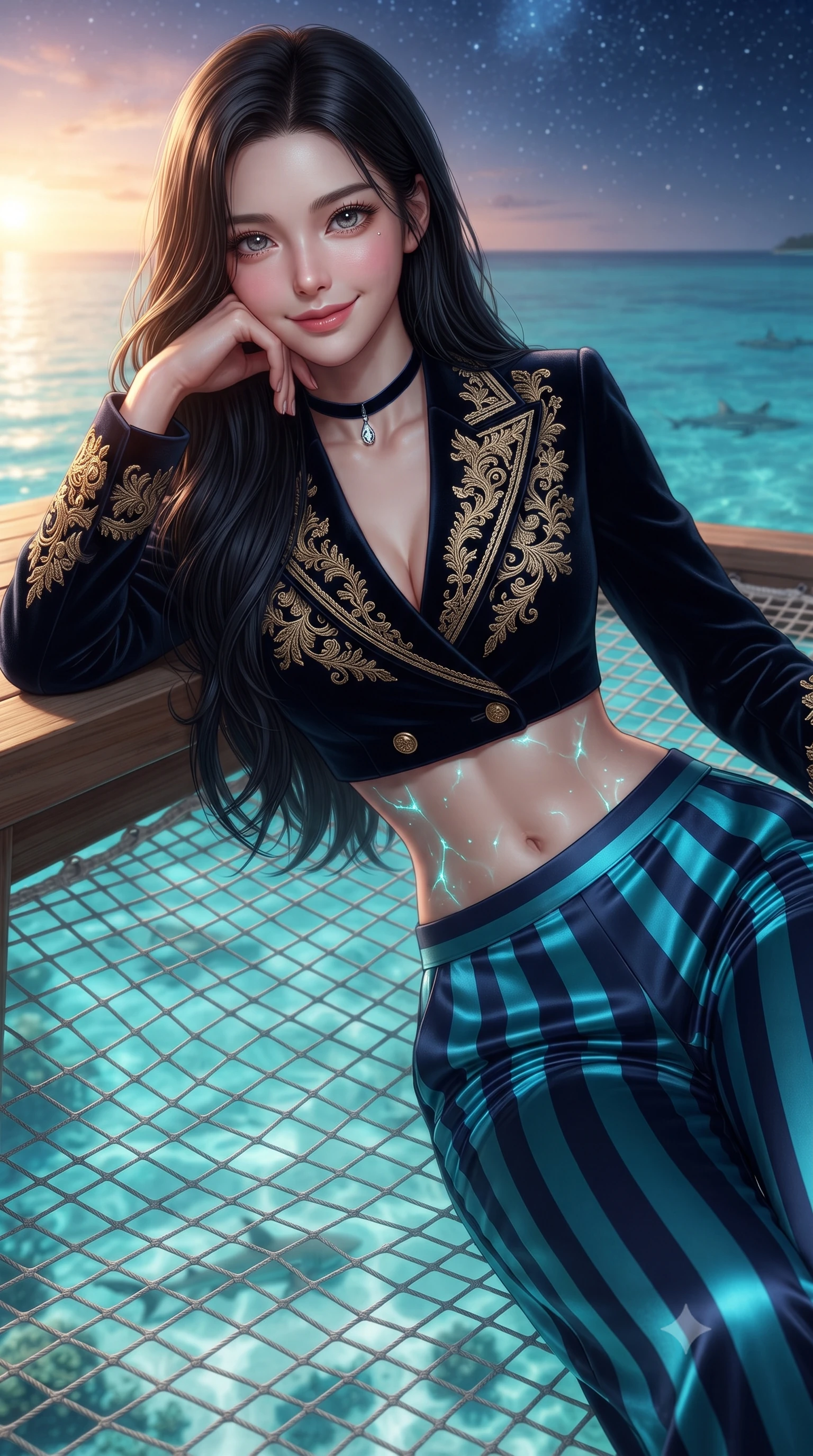 score_9, masterpiece, best quality, ultra-detailed, high-budget anime keyframe, editorial fashion photography, tasteful artistic composition, Korean woman. close-up cowboy shot from the waist and thighs up, the character dominates the composition, filling the frame with her large presence. resting one elbow on the table and supporting her chin, leaning close to the camera with heavy-lidded sparkling eyes and parted lips while twisting her slender torso in an alluring S-curve on the overwater netting, glowing lagoon water caustics dancing across her flat midriff and curves. The background shows a soft-focus crystal-clear turquoise lagoon waters revealing white sandy bottom and baby reef sharks, distant atoll reef breaks, blurred into electric cyan, ivory, and sapphire bokeh. She has an exceptionally elegant, slender, and willowy female figure with an ultra-slim waist, flat toned midriff, narrow ribcage, and sculpted feminine hips creating an alluring, slim hourglass silhouette without bulk. sharp v-shaped jawline, high-bridge nose, intricate jewel-like sparkling eyes with depth, thick eyelashes, glossy parted lips with a natural peach sheen, bright cheerful beaming smile with an enchanting and coquettish sensual glint, exuding both youthful cute charm and seductive allure, flawlessly proportioned anatomical accuracy, strict slender model proportions, natural body alignment, perfectly sculpted long slender limbs, ultra-slim waistline, clean dynamic posture without body distortion. wearing a tailored Bohemian double-breasted velvet smoking jacket paired with wide-leg satin-stripe trousers in Maldivian bioluminescent electric cyan and midnight indigo, crafted from bespoke double-faced cashmere with an exceptionally soft tactile finish, finished with a thin velvet ribbon choker and a single teardrop diamond pendant, the bespoke structured tailoring following the natural line of her 8.5-heads silhouette with refined elegance. bathed in the warm radiant 2800K tropical sunset glow transitioning into star-filled Indian Ocean night. ultra-reflective glossy finish, specular highlights, rich textural contrasts, high-contrast stereoscopic depth, volumetric dynamic lighting, 2k, ultra detail, master piece, 9:16 ratio