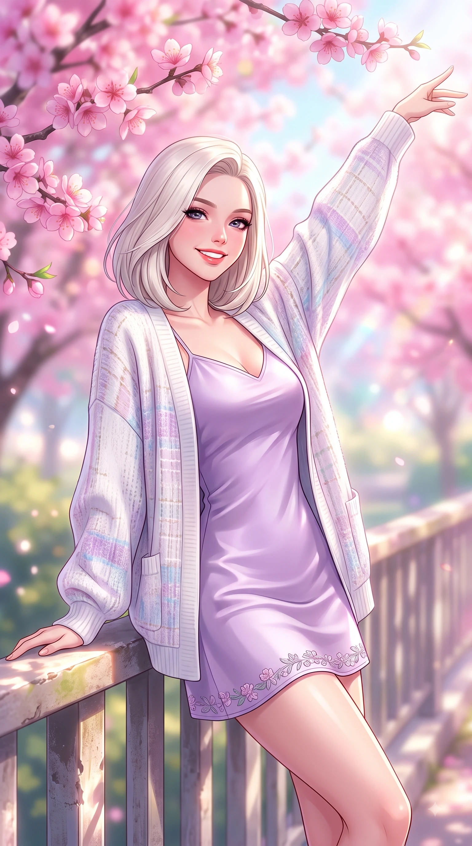 score_9, masterpiece, best quality, ultra-detailed, high-budget anime keyframe, editorial fashion photography, tasteful artistic composition, Caucasian woman. close-up cowboy shot from the waist and thighs up, the character dominates the composition, filling the frame with her large presence. Extending one arm in an elegant stretch toward the light while smiling with vibrant, youthful self-assurance while leaning gracefully against a sunlit park railing framed by vibrant pink flower canopies. The composition keeps background elements in soft focus with dreamy bokeh. pastel spring sky refractions and flower branches blurred in smooth creamy depth. She has an exceptionally elegant, slender, and willowy female figure with an ultra-slim waist, a gracefully sculpted slender torso, and a refined silhouette. sharp v-shaped jawline, high-bridge nose, intricate jewel-like eyes with depth, thick eyelashes, glossy lips with a natural sheen, flawlessly proportioned anatomical accuracy, natural body alignment, perfectly sculpted elegant limbs, clean dynamic posture without body distortion. wearing a graceful lavender satin slip dress layered under a loose soft white knit cardigan in soft pastel lavender and sky blue, tailored from soft pastel tweed with subtle metallic thread, complemented by delicate embroidered floral trim along the hem, the chic real-way fashion cut emphasizing her effortless charm. illuminated by soft glowing pink ambient light and clear sky refractions. highly saturated vibrant anime colors, detailed shading with soft gradients, rich glossy textures, high-contrast stereoscopic depth, volumetric dynamic lighting, master piece, 9:16 ratio