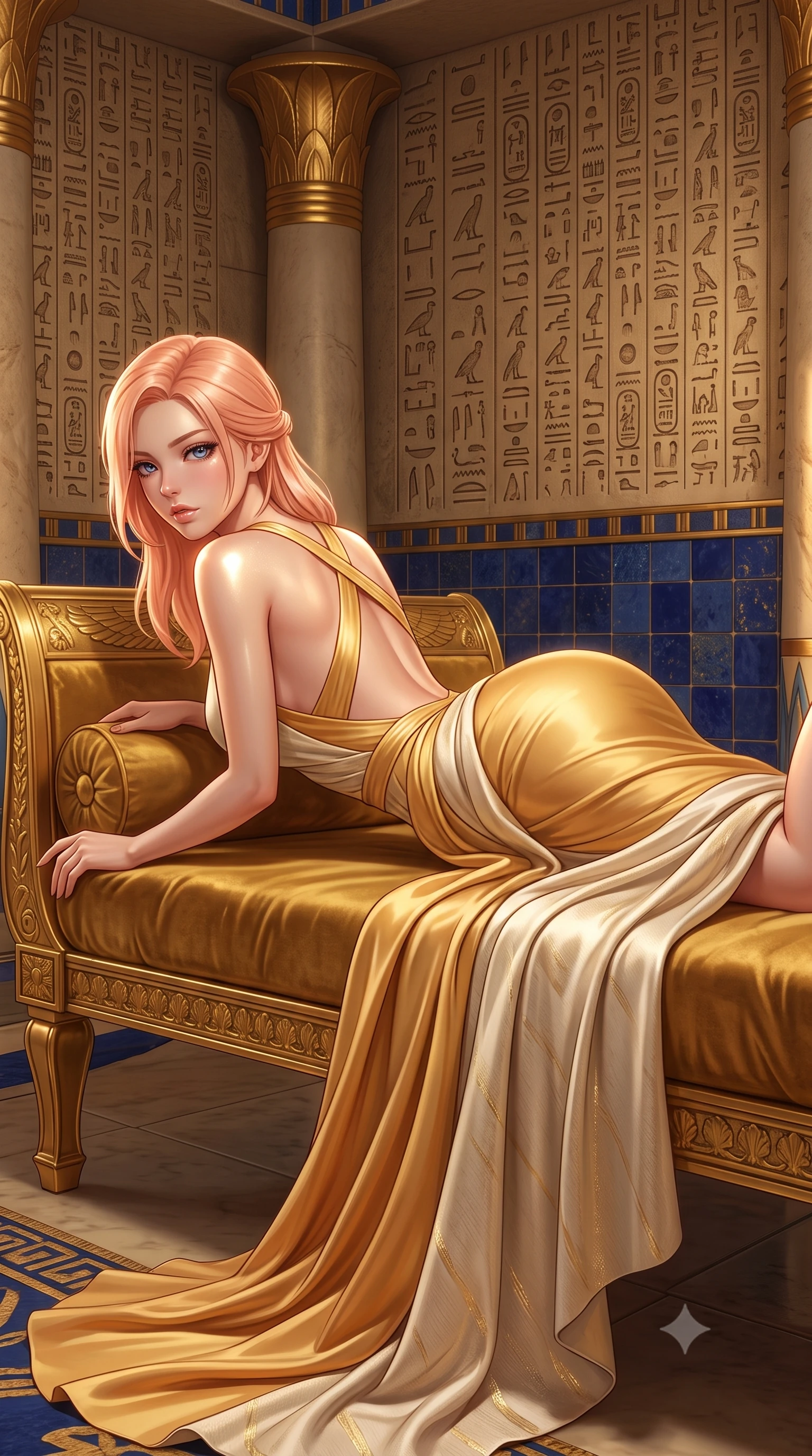 score_9, masterpiece, best quality, ultra-detailed, high-budget anime keyframe, semi-realistic 3D game render, editorial fashion photography, tasteful artistic composition, Japanese woman. close-up cowboy shot from the waist and thighs up, the character dominates the composition, filling the frame with her large presence. arching her spine backward with effortless dancer poise, one hand sliding along her hip line as directional light carves specular highlights along her silhouette while reclining face down atop a gilded royal daybed with head turned toward the lens, legs playfully bent at the knees to highlight her curvy hip silhouette. The surrounding environment is rendered in vivid detail and crisp panoramic clarity. sharp hieroglyphic wall carvings, gold leaf column capitals, and deep blue lapis lazuli tile in deep focus. She has an exceptionally elegant, slender, and willowy female figure with an ultra-slim waist, a gracefully sculpted slender torso, toned flat midriff, and rounded feminine hips creating an alluring hourglass silhouette. sharp v-shaped jawline, high-bridge nose, intricate jewel-like eyes with depth, thick eyelashes, glossy parted lips with a natural sheen, intensely captivating and seductive bedroom-eyes expression, flawlessly proportioned anatomical accuracy, strict slender model proportions, natural body alignment, perfectly sculpted long slender limbs, ultra-slim waistline, clean dynamic posture without body distortion. wearing an open-back royal duchess satin gown with a dramatic hip-hugging drape and cascading trailing hem in warm honey yellow and natural linen cream, woven from gossamer silk organza with subtle metallic gold threads, finished with criss-cross back straps highlighting her graceful shoulder blades, the liquid-tight tailored fabric clinging flawlessly to her narrow waist and rounded feminine hips, emphasizing every millimeter of her sculpted hourglass curves during movement. illuminated by intense golden specular reflections sculpting her bare collarbones, ultra-slim waist, and curvy hips. highly saturated vibrant anime colors, detailed shading with soft gradients, rich glossy textures, high-contrast stereoscopic depth, volumetric dynamic lighting, master piece, 9:16 ratio