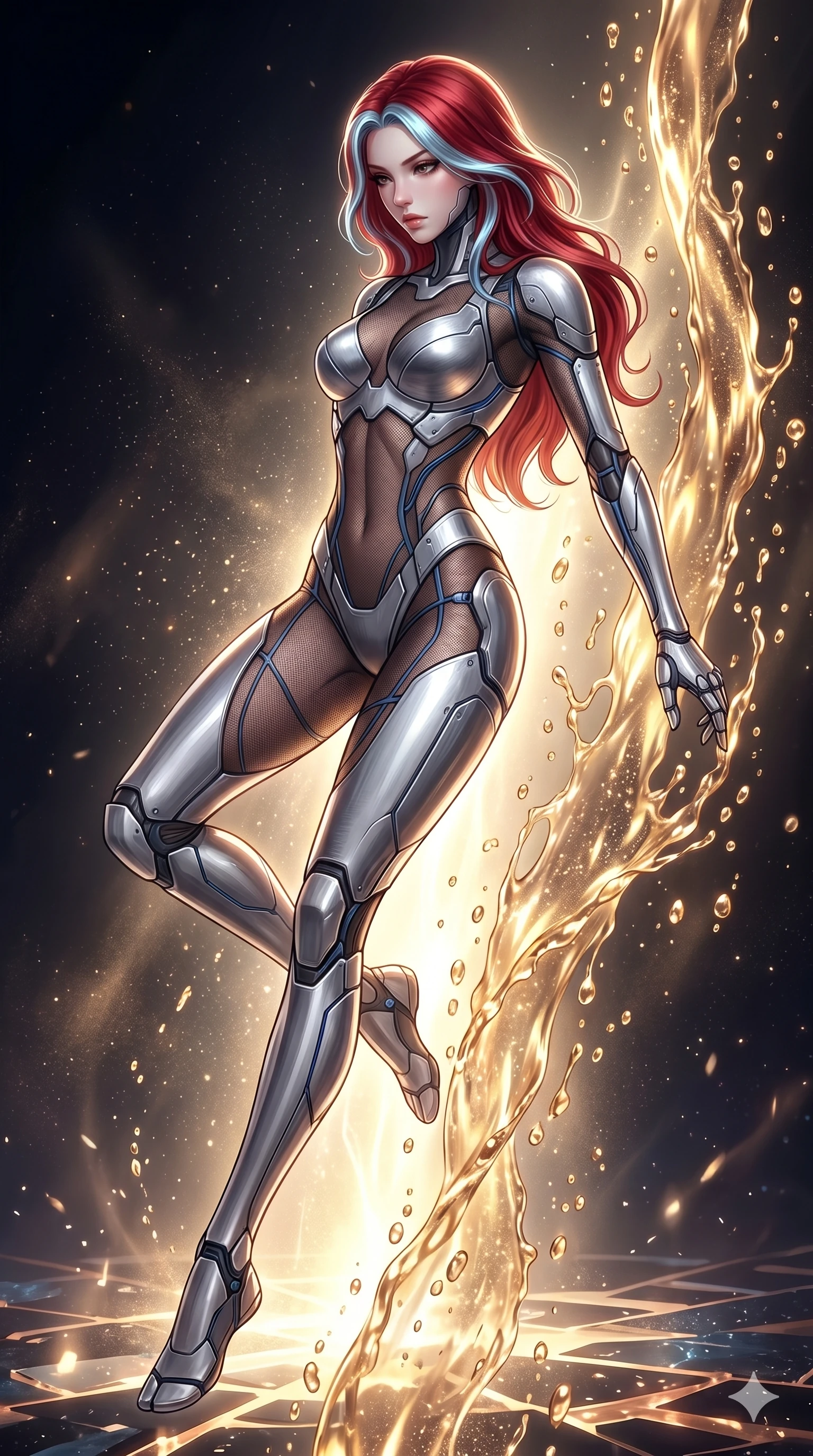 score_9, masterpiece, best quality, ultra-detailed, high-budget anime keyframe, Korean woman. low angle full-body shot filling the entire 9:16 frame with her statuesque presence, stretching the vertical silhouette. dodging ethereal liquid gold rain that rises upward from the ground in warm shimmering droplets under an inverted gravity field. She has an absolutely perfect 8-heads proportion, an exceptionally tall and slender female figure with impossibly long slender legs and an ultra-slim waist. V-shaped jawline, high-bridge nose, intricate jewel-like eyes with depth, thick eyelashes, glossy lips with a natural sheen.. wearing a bionic chrome plate bodysuit, featuring silver chrome plates covering the bust and hips, connected by sheer black mesh panels. illuminated by dramatic chiaroscuro casting soft shadows along her curves, with vibrant backlighting highlighting the dust particles. 2k, ultra detail, master piece, 9:16 ratio