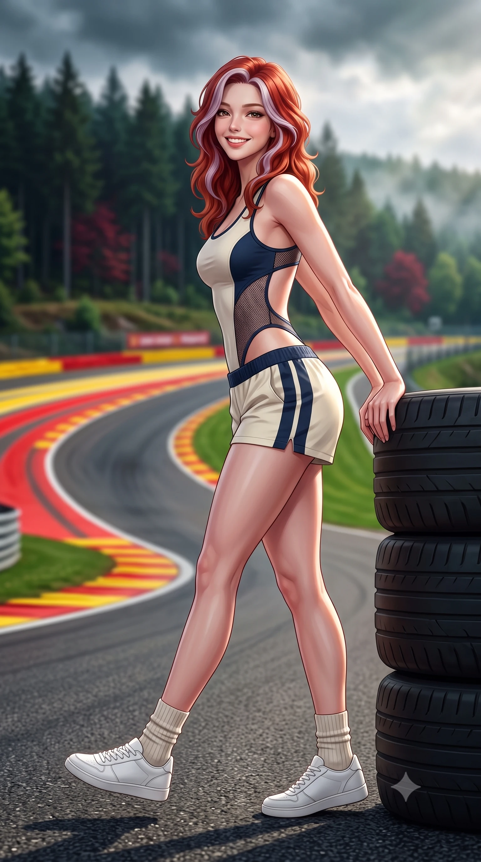 score_9, masterpiece, best quality, ultra-detailed, high-budget anime keyframe, semi-realistic 3D game render, editorial fashion photography, tasteful artistic composition, Caucasian woman. low angle full-body shot from head to toe showing her feet, filling the entire 9:16 vertical frame with her statuesque presence, stretching her vertical silhouette. stepping forward gracefully across the paddock tarmac in mid-motion with a radiant beaming smile, hips swaying in an alluring kinetic rhythm that accentuates her curvy hourglass silhouette and long slender legs while leaning against the pit wall tire stack with hips cocked back, looking over a bare shoulder with an intoxicating, adrenaline-charged smile. The background shows a soft-focus the iconic curving red-and-yellow Eau Rouge curbs and towering pine-covered Ardennes hills blurred into forest green, crimson, and mist bokeh. She has an absolutely perfect, statuesque 8.5-heads proportion, an exceptionally tall and slender model-like female figure with impossibly long slender legs, an ultra-slim waist, a flat toned midriff, narrow delicate ribcage, and beautifully sculpted feminine hips creating a graceful, slim hourglass silhouette without any bulky heaviness. sharp v-shaped jawline, high-bridge nose, sparkling eyes with athletic focus and depth, thick curled eyelashes, glossy parted lips with a natural coral-peach sheen, bright confident and coquettish smile with alluring bedroom-eyes, exuding both youthful sporty vigor and sovereign high-society glamour, flawlessly proportioned anatomical accuracy, strict slender model proportions, natural body alignment, perfectly sculpted long slender limbs, ultra-slim waistline, clean dynamic posture without body distortion. wearing a cut-out racing bodysuit with side-torso mesh inserts and low-rise tailored tennis shorts in retro tennis cream and navy blue stripes, tailored from crisp cotton poplin with clean aerodynamic structural lines, complemented by ribbed knit crew socks and clean white designer court sneakers, the form-contouring athletic cut accentuating her sculpted flat midriff, narrow delicate ribcage, and gracefully curvy hips with supermodel precision. bathed in dynamic shifting Ardennes sunbeams breaking through moody forest clouds. highly saturated vibrant anime colors, detailed shading with soft gradients, rich glossy textures, high-contrast stereoscopic depth, volumetric dynamic lighting, master piece, 9:16 ratio