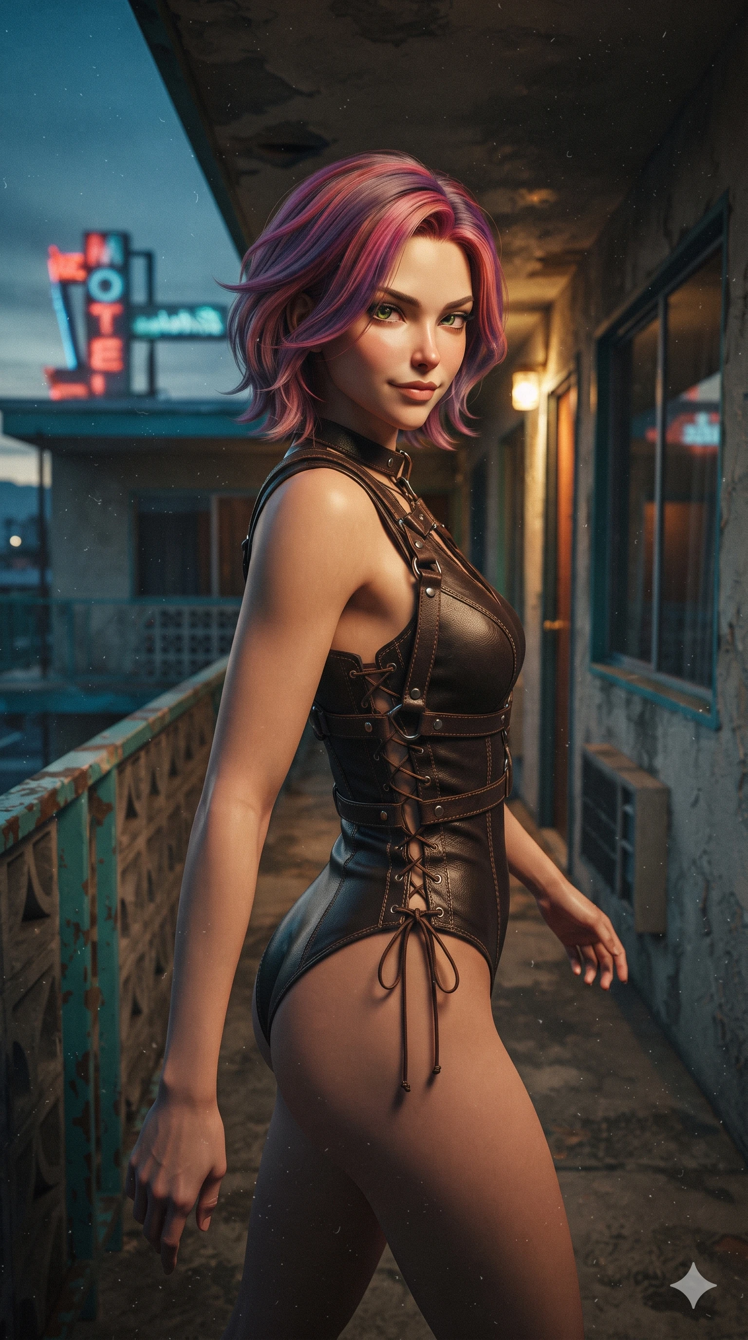 score_9, masterpiece, best quality, ultra-detailed, high-budget anime keyframe, editorial fashion photography, tasteful artistic composition, Caucasian woman. close-up cowboy shot from the waist and thighs up, the character dominates the composition, filling the frame with her large presence. twisting her slender torso in a deep contrapposto stance, hips dramatically shifted to accentuate her feminine curves while looking past her shoulder with smoldering bedroom-eyes while walking down the exterior motel walkway with effortless supermodel strut, her long slender legs and curvaceous hips creating a sweeping vertical line. The surrounding environment is rendered in vivid detail and crisp panoramic clarity: sharp cast-concrete breeze block geometry, weathered turquoise metal railing paint, and textured stucco walls in deep focus. She has an exceptionally elegant, slender, and willowy female figure with an ultra-slim waist, flat toned midriff, narrow ribcage, and sculpted feminine hips creating an alluring, slim hourglass silhouette without bulk. sharp v-shaped jawline, high-bridge nose, sparkling eyes with hypnotic seductive depth, thick curled eyelashes, glossy parted lips with a natural dewy peach sheen, alluring bedroom-eyes with an enchanting coquettish smile, exuding magnetic siren charisma and sophisticated glamour, flawlessly proportioned anatomical accuracy, strict slender model proportions, natural body alignment, perfectly sculpted long slender limbs, ultra-slim waistline, clean dynamic posture without body distortion. wearing a low-slung cutaway leather biker bodysuit with bare hip flanks and criss-cross leather cord ties in dark espresso leather and warm amber highlights, crafted from rugged heavy-duty canvas and oiled leather with authentic desert durability, accented with a holster-style leather body harness framing her collarbones and lower spine, the liquid-tight tailored fabric clinging flawlessly to her narrow waist and rounded feminine hips, emphasizing every millimeter of her sculpted slim hourglass curves without any bulky heaviness. bathed in the moody, nostalgic contrast of warm amber door lights and ambient cool twilight neon filtering from the courtyard. ultra-reflective glossy finish, specular highlights, rich textural contrasts, high-contrast stereoscopic depth, volumetric dynamic lighting, 2k, ultra detail, master piece, 9:16 ratio