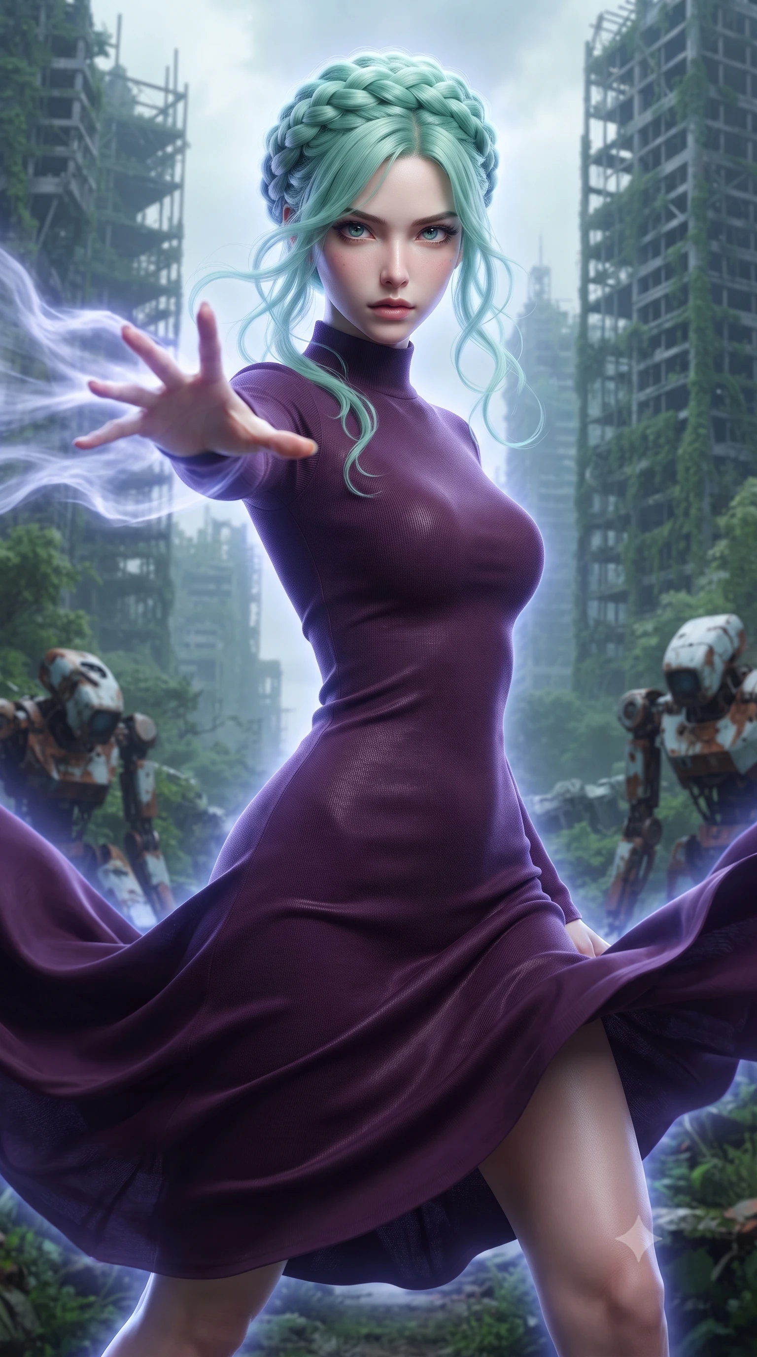 score_9, masterpiece, best quality, ultra-detailed, high-budget anime keyframe, editorial fashion photography, tasteful artistic composition, realistic cosplay photography, Japanese woman. close-up cowboy shot from the waist and thighs up, the character dominates the composition, filling the frame with her large presence, background elements kept in soft focus. Unleashing a wave of force with an outstretched hand, her gaze locked on the target. set against a soft-focus background of ruins of a futuristic city where nature has reclaimed steel structures, vines growing over rusted robotic hulls. She has an exceptionally elegant and slender, willowy female figure with an ultra-slim waist, a gracefully sculpted slender torso, and a refined slim physique. sharp v-shaped jawline, high-bridge nose, intricate jewel-like eyes with depth, thick eyelashes, glossy lips with a natural sheen. wearing the lightweight fabric rippling and billowing dramatically with her movement, a slim-fit sleek mock-neck bodycon midi dress in a deep aubergine knit, contouring her willowy torso. cool ethereal blue-violet bioluminescent glow wrapping around her from all sides. ultra-reflective glossy finish, specular highlights, metallic sheen, high-contrast stereoscopic depth, volumetric dynamic lighting, 2k, ultra detail, master piece, 9:16 ratio