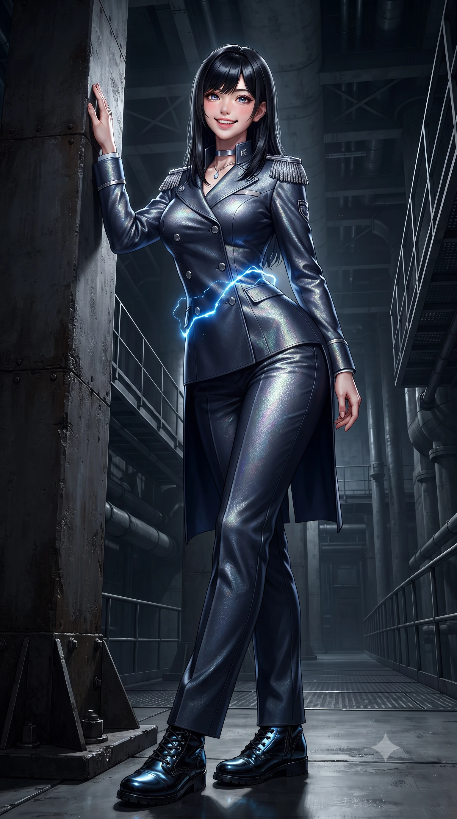 score_9, masterpiece, best quality, ultra-detailed, high-budget anime keyframe, editorial fashion photography, tasteful artistic composition, Caucasian woman. low angle full-body shot from head to toe showing her feet, filling the entire 9:16 vertical frame with her statuesque presence, stretching her vertical silhouette. standing tall beside the architectural column, one hand resting high while arching her lower back to emphasize her sculpted feminine hips and slender waist while twisting her slender torso in an alluring S-curve, high-voltage electric blue arcs reflecting dynamically across her flat midriff and hips. The surrounding environment is rendered in vivid detail and crisp panoramic clarity: detailed garment construction, tactical leather sheen, and monumental subterranean infrastructure in high resolution. She has an exceptionally tall and slender model-like 8.5-heads proportion, an ultra-slim waist, a flat toned midriff, narrow delicate ribcage, and beautifully sculpted feminine hips creating a graceful, slim hourglass silhouette without any bulky heaviness, with impossibly long slender legs. sharp v-shaped jawline, high-bridge nose, intricate jewel-like sparkling eyes with depth, thick eyelashes, glossy parted lips with a natural peach sheen, bright cheerful beaming smile with an enchanting and coquettish sensual glint, exuding both youthful cute charm and seductive allure, flawlessly proportioned anatomical accuracy, strict slender model proportions, natural body alignment, perfectly sculpted long slender limbs, ultra-slim waistline, clean dynamic posture without body distortion. wearing a tailored orbital navy officer dress uniform featuring a structured double-breasted coat with silver epaulets, high mandarin collar, and matching pressed slacks in iridescent mother-of-pearl and liquid molten silver, woven from structured carbon-fiber jacquard with rich textural depth, finished with a minimalist chrome choker and a single teardrop diamond pendant, the bespoke structured tailoring following the natural line of her 8.5-heads silhouette with refined elegance. illuminated by steel catwalk reflection bounce and sharp electric-cyan rim lights sculpting her jawline, narrow waist, and curvy hips. ultra-reflective glossy finish, specular highlights, rich textural contrasts, high-contrast stereoscopic depth, volumetric dynamic lighting, 2k, ultra detail, master piece, 9:16 ratio