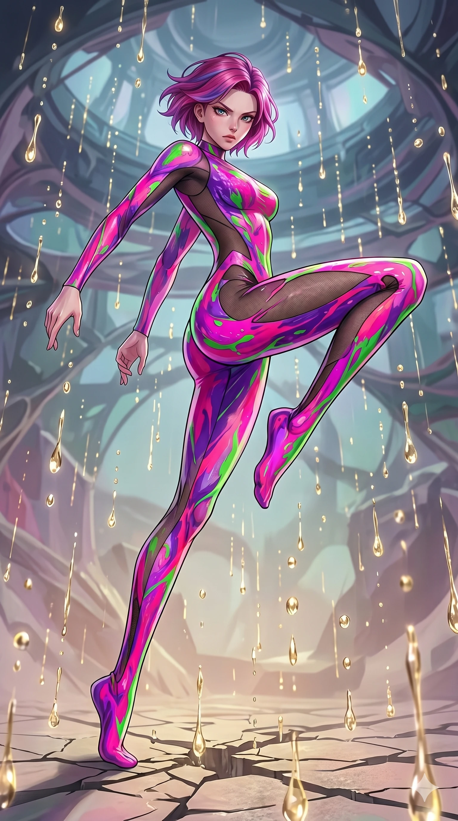 score_9, masterpiece, best quality, ultra-detailed, high-budget anime keyframe, Caucasian woman, strictly human ears. low angle full-body shot filling the entire 9:16 frame with her statuesque presence, stretching the vertical silhouette. dodging ethereal liquid gold rain that rises upward from the ground in warm shimmering droplets under an inverted gravity field. She has an absolutely perfect 8-heads proportion, an exceptionally tall and slender female figure with impossibly long slender legs and an ultra-slim waist. V-shaped jawline, high-bridge nose, intricate jewel-like eyes with depth, thick eyelashes, glossy lips with a natural sheen.. wearing a liquid acrylic splash bodysuit, featuring a skin-tight bodysuit that looks like vivid fluorescent acrylic paint splattered and dried, with sheer mesh side panels. accented by dynamic color-blocked lighting with high-contrast shadows emphasizing her statuesque height. 2k, ultra detail, master piece, 9:16 ratio