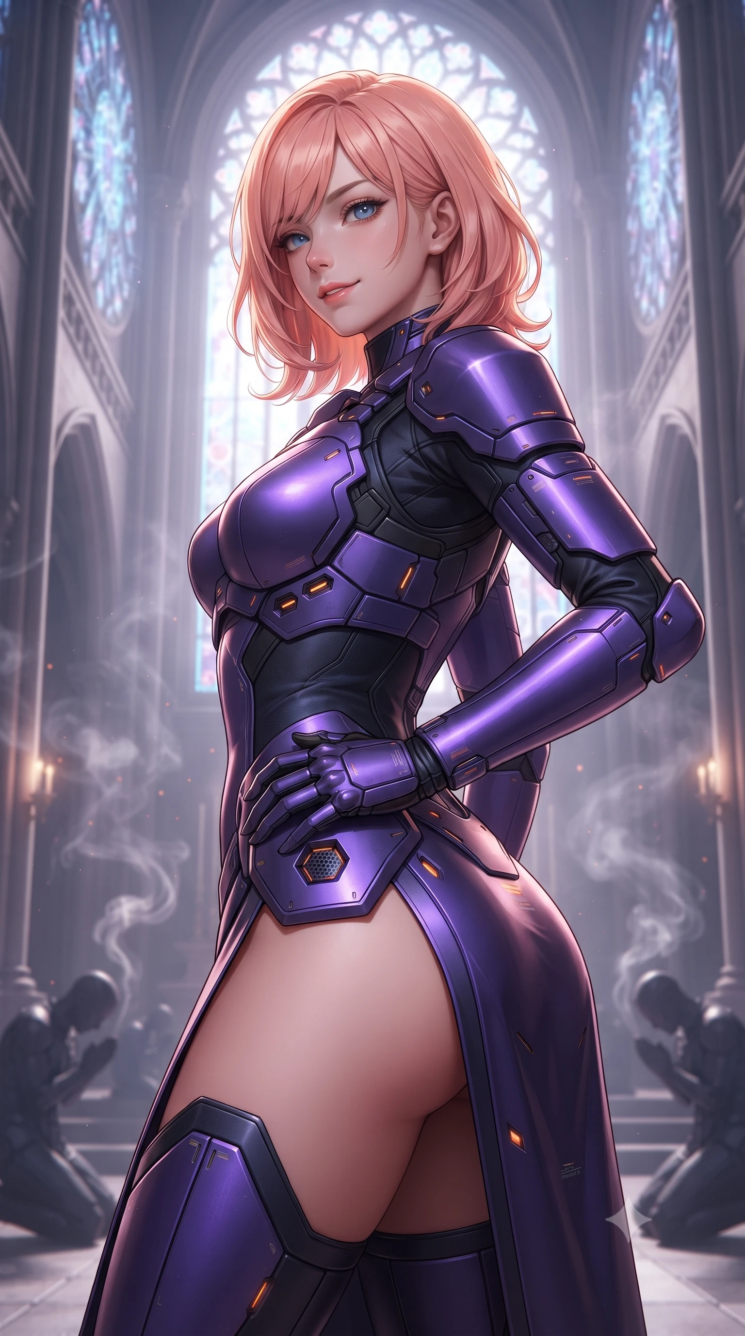 score_9, masterpiece, best quality, ultra-detailed, high-budget anime keyframe, editorial fashion photography, tasteful artistic composition, Japanese woman. close-up cowboy shot from the waist and thighs up, the character dominates the composition, filling the frame with her large presence. twisting her slender torso in an alluring contrapposto stance, one hand resting on her sculpted hip armor while glancing back with effortless sovereign poise while standing centered in the soaring nave beneath monumental holographic rose windows, arching her spine with divine cybernetic majesty. The background shows a soft-focus incense smoke curling through laser beams and kneeling drone acolytes softened in transcendent techno-religious shallow focus. She has an exceptionally elegant, slender, and willowy female figure with an ultra-slim waist, flat toned midriff, narrow ribcage, and sculpted feminine hips creating an alluring, slim hourglass silhouette without bulk. sharp v-shaped jawline, high-bridge nose, intricate jewel-like sparkling eyes with depth, thick eyelashes, glossy parted lips with a natural sheen, bright confident smile with an enchanting and coquettish sensual glint, exuding both youthful magnetic charm and sovereign high-tech allure, flawlessly proportioned anatomical accuracy, strict slender model proportions, natural body alignment, perfectly sculpted long slender limbs, ultra-slim waistline, clean dynamic posture without body distortion. wearing a cyber-samurai tactical suit featuring a shortened carbon chestplate and high-slit armored wrap skirt in neon electric violet and deep space obsidian, tailored from brushed aeronautical titanium alloy with matte satin sheen, accented with subtle hexagonal heat-sink vents glowing with dim orange thermal heat, the high-waisted tailoring accentuating her ultra-slim waistline and the enchanting curve of her feminine hips with alluring dark charm. bathed in majestic stained-glass laser light cascading through towering digital rose windows. ultra-reflective glossy finish, specular highlights, rich textural contrasts, high-contrast stereoscopic depth, volumetric dynamic lighting, 2k, ultra detail, master piece, 9:16 ratio