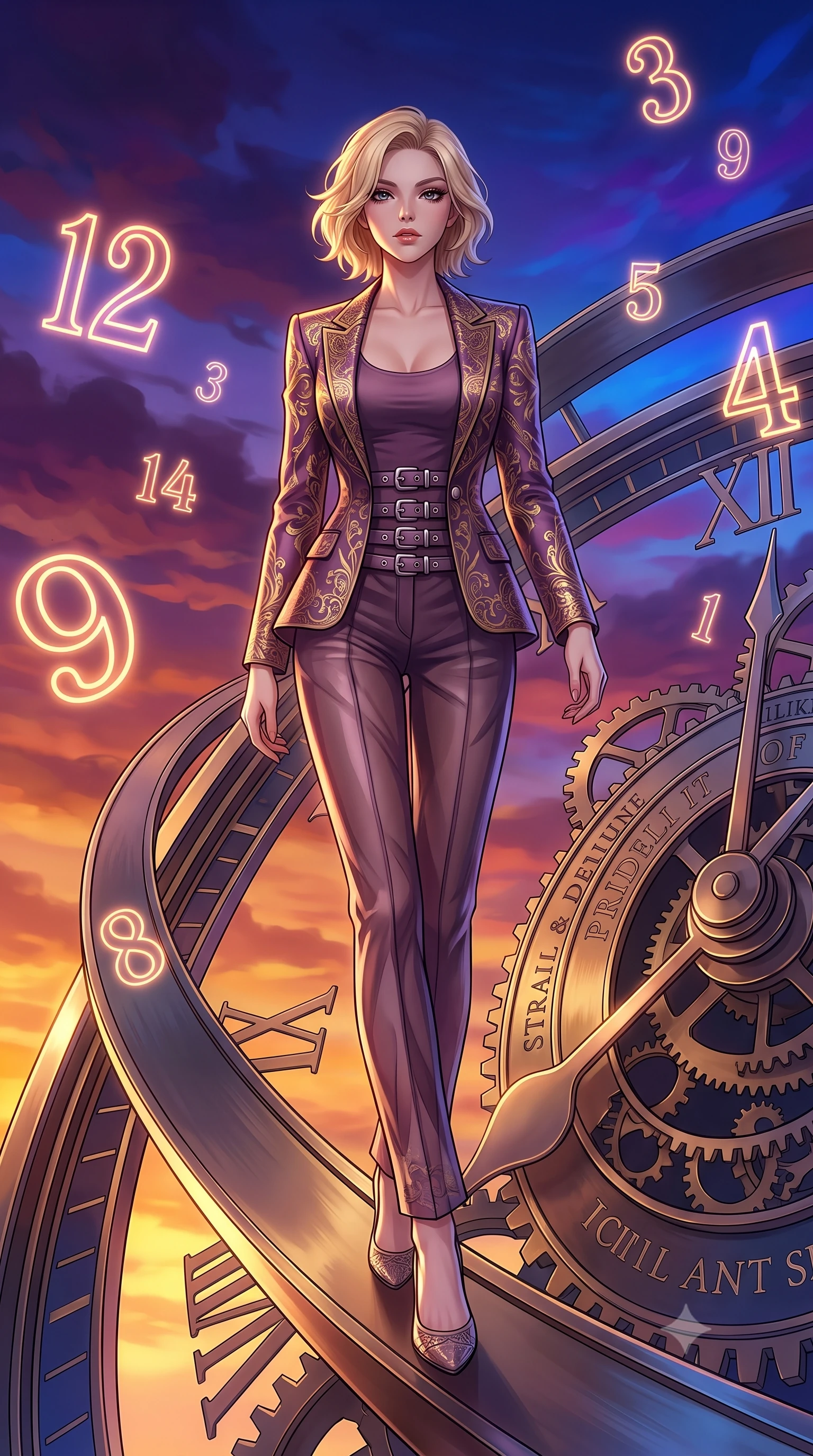 score_9, masterpiece, best quality, ultra-detailed, high-budget anime keyframe, editorial fashion photography, tasteful artistic composition, Caucasian woman. low angle full-body shot from head to toe showing her feet, filling the entire 9:16 vertical frame with her statuesque presence, stretching her vertical silhouette. stepping forward in a proud dynamic stride, her vertical silhouette filling the frame with statuesque presence while stepping along a curved clockwork pendulum arm under a dramatic twilight sky, glowing neon clock numbers floating in mid-air with vintage elegancy. She has an absolutely perfect, statuesque 8.5-heads proportion, an exceptionally tall and slender model-like female figure with impossibly long slender legs and an ultra-slim waist. sharp v-shaped jawline, high-bridge nose, intricate jewel-like eyes with depth, thick eyelashes, glossy lips with a natural sheen, flawlessly proportioned anatomical accuracy, natural body alignment, perfectly sculpted elegant limbs, clean dynamic posture without body distortion. wearing a tailored silk blazer over a form-contouring scoop-neck top and slacks in plum purple and gold filigree, woven from fine semi-opaque sheer organza, detailed with polished silver buckles along the waistline, the sleek second-skin texture accentuating her magnetic presence. bathed in warm twilight amber backlighting and rich metallic specular glow. highly saturated vibrant anime colors, detailed shading with soft gradients, rich glossy textures, high-contrast stereoscopic depth, volumetric dynamic lighting, master piece, 9:16 ratio