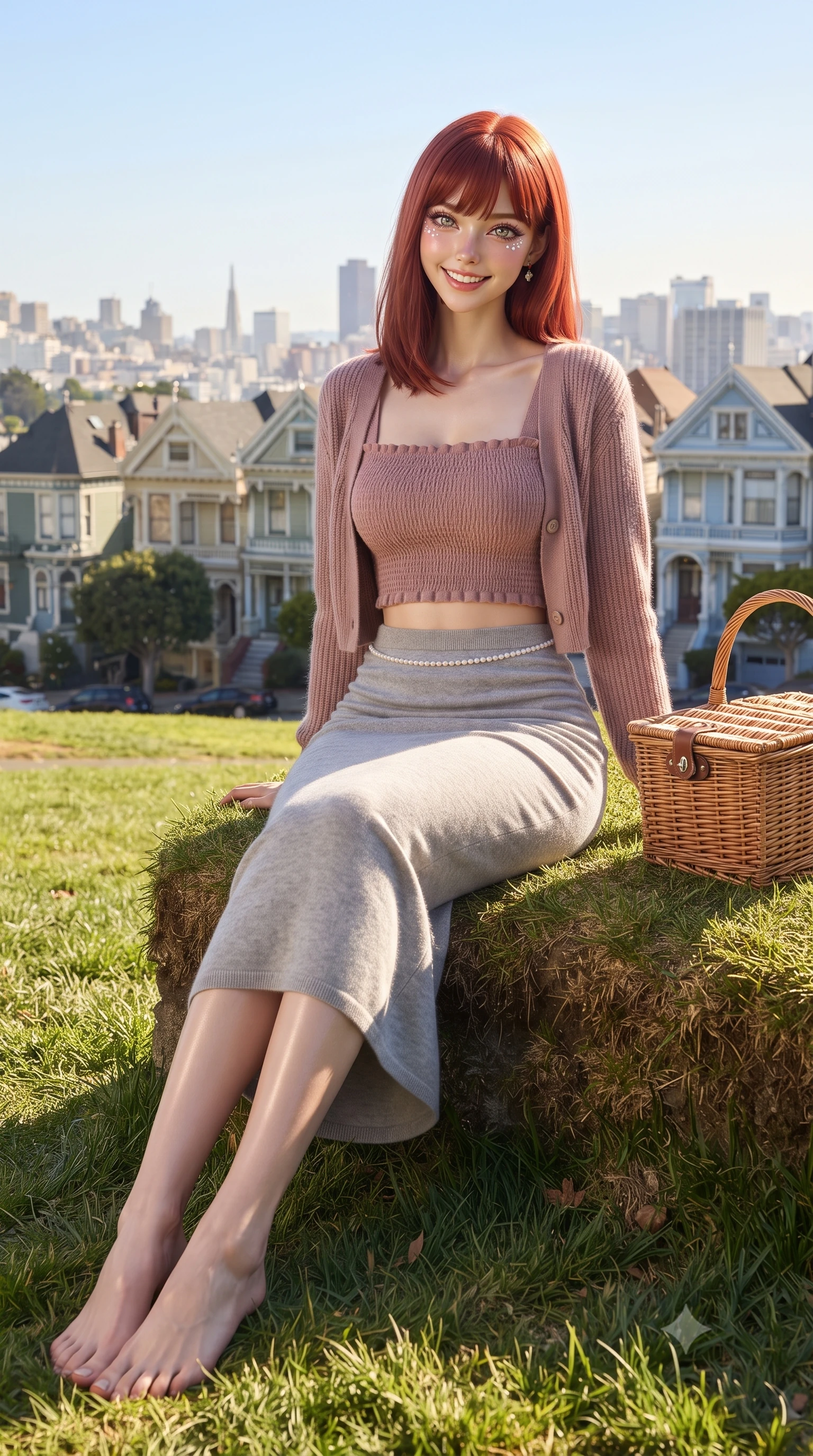 score_9, masterpiece, best quality, ultra-detailed, high-budget anime keyframe, editorial fashion photography, tasteful artistic composition, Caucasian woman. low angle full-body shot from head to toe showing her feet, filling the entire 9:16 vertical frame with her statuesque presence, stretching her vertical silhouette. sitting perched on the elevated edge with legs crossed and hips angled toward the camera, displaying her toned midriff and long slender limbs with a joyful, coquettish smile while sitting on a sunlit green grass slope with a wicker picnic basket, arching her lower back with a bright cheerful smile as pastel Painted Ladies Victorians line the view. The surrounding environment is rendered in vivid detail and crisp panoramic clarity. detailed knit cardigan texture, golden sun glints on skin, and San Francisco city skyline clarity in high resolution. She has an exceptionally tall and slender model-like 8.5-heads proportion, an ultra-slim waist, a flat toned midriff, narrow delicate ribcage, and beautifully sculpted feminine hips creating a graceful, slim hourglass silhouette without any bulky heaviness, with impossibly long slender legs. sharp v-shaped jawline, high-bridge nose, intricate jewel-like sparkling eyes with depth, thick eyelashes, glossy parted lips with a natural peach sheen, bright cheerful beaming smile with an enchanting and coquettish sensual glint, exuding both youthful cute charm and seductive allure, flawlessly proportioned anatomical accuracy, strict slender model proportions, natural body alignment, perfectly sculpted long slender limbs, ultra-slim waistline, clean dynamic posture without body distortion. wearing a fitted square-neck smocked crop top paired with a curve-hugging ruched mermaid midi skirt in dusty rose and soft dove grey, crafted from soft cozy cashmere yarn with an airy drape, accented with a dainty pearl waist chain catching the ambient sunlight, the form-fitting cut adhering flawlessly to her sculpted flat midriff and slender torso, emphasizing her long leg lines and perfectly proportioned willowy build. illuminated by warm grass lawn bounce light contouring her sculpted collarbones, ultra-slim waist, and curvy hips. ultra-reflective glossy finish, specular highlights, rich textural contrasts, high-contrast stereoscopic depth, volumetric dynamic lighting, 2k, ultra detail, master piece, 9:16 ratio