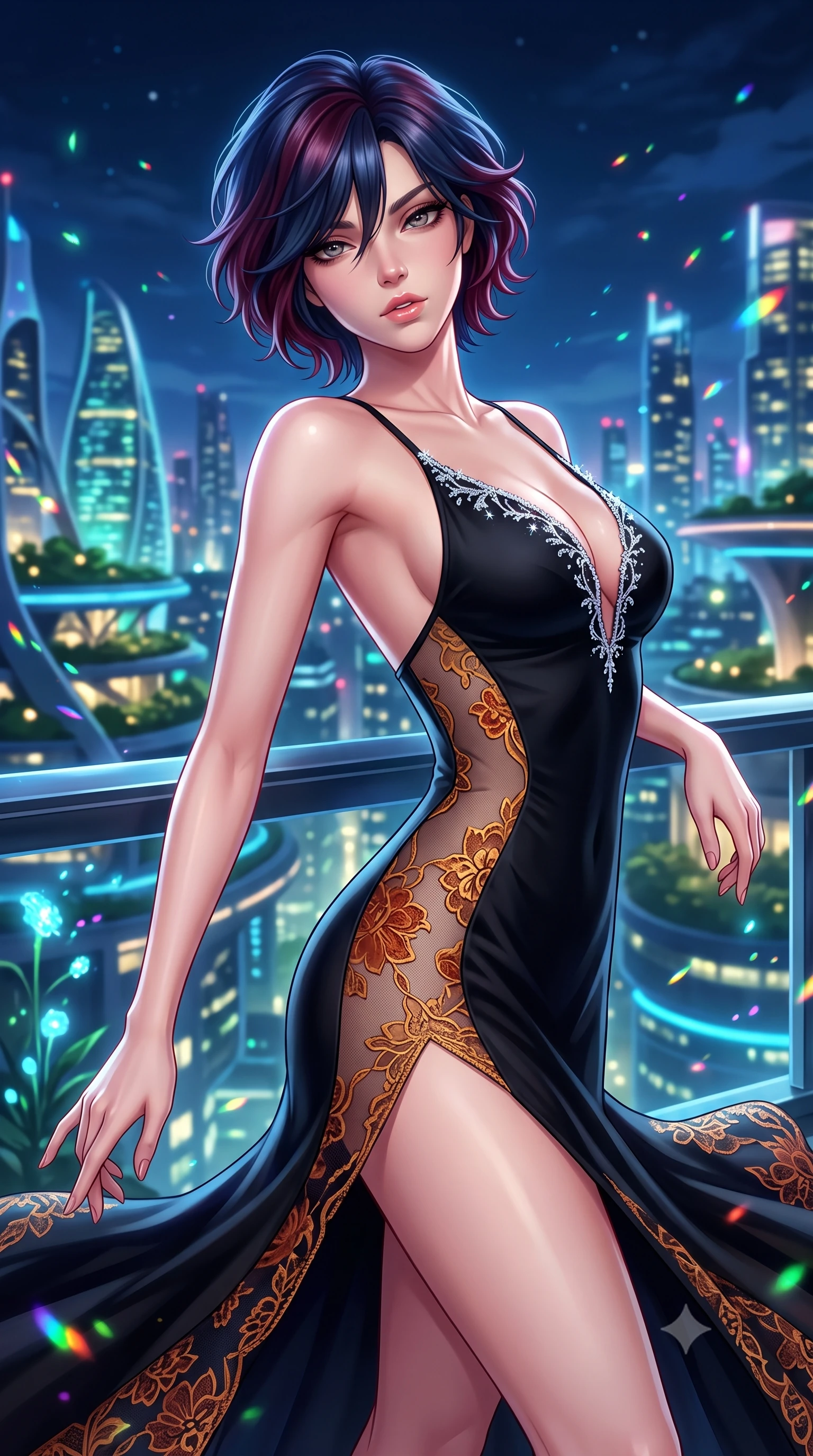 score_9, masterpiece, best quality, ultra-detailed, high-budget anime keyframe, semi-realistic 3D game render, editorial fashion photography, tasteful artistic composition, Korean woman. close-up cowboy shot from the waist and thighs up, the character dominates the composition, filling the frame with her large presence. leaning back with relaxed seductive grace, her sculpted collarbones and narrow waist highlighted as she casts smoldering bedroom-eyes directly into the camera while executing an elegant mid-motion turn as night winds whip her high-slit dress, her statuesque vertical presence dominating the futuristic panorama. The composition keeps background elements in soft focus with creamy bokeh. bioluminescent plant spores and city skyline reflections scattering vibrant chromatic light motes. She has an exceptionally elegant, slender, and willowy female figure with an ultra-slim waist, flat toned midriff, narrow ribcage, and sculpted feminine hips creating an alluring, slim hourglass silhouette without bulk. sharp v-shaped jawline, high-bridge nose, intricate jewel-like eyes with depth, thick eyelashes, glossy parted lips with a natural sheen, intensely captivating and seductive bedroom-eyes expression, flawlessly proportioned anatomical accuracy, strict slender model proportions, natural body alignment, perfectly sculpted long slender limbs, ultra-slim waistline, clean dynamic posture without body distortion. wearing a second-skin black silk jersey maxi dress with asymmetrical sheer mesh side panels tracing the full curve of her hip in molten desert gold and burnt terracotta, formed from shimmering floral lace over smooth opaque silk lining, finished with delicate crystal frost embroidery tracing the plunging neckline, the second-skin form-contouring cut accentuating her sculpted flat midriff, narrow delicate ribcage, and gracefully curvy hips with supermodel precision. surrounded by a visionary, electrifying, and breathlessly magnificent eco-metropolis queen aura. highly saturated vibrant anime colors, detailed shading with soft gradients, rich glossy textures, high-contrast stereoscopic depth, volumetric dynamic lighting, master piece, 9:16 ratio