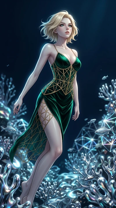 score_9, masterpiece, best quality, ultra-detailed, high-budget anime keyframe, Korean woman. upper body close-up from the thighs up, character filling the screen for maximum presence. diving through a bionic fluid mercury reef where self-replicating