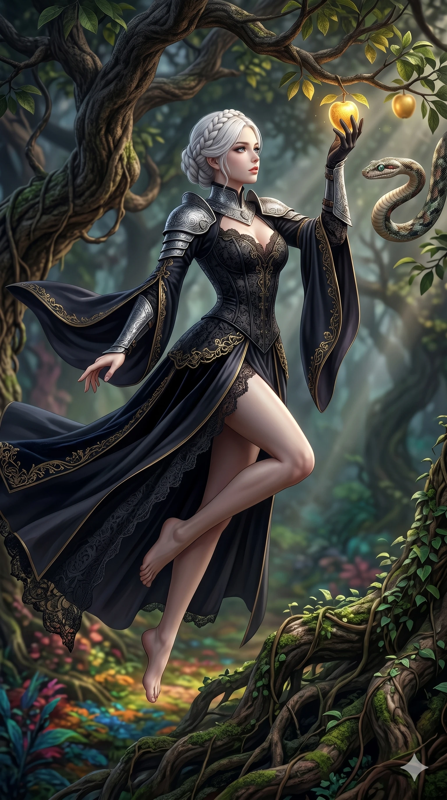 score_9, masterpiece, best quality, ultra-detailed, photorealistic 8k CG, hyper-detailed textures, ray-tracing, Japanese woman. Mid-air action shot capturing a graceful twist and vertical silhouette. reaching for a fruit from the Tree of Knowledge as a snake watches. She has an absolutely perfect 8-heads proportion, an exceptionally tall and slender female figure with an ultra-slim waist and impossibly long slender legs. strictly human anatomy, two legs only, no extra limbs, clearly defined legs and arms, perfect anatomy, perfect hands and fingers. sharp v-shaped jawline, high-bridge nose, intricate jewel-like eyes, thick eyelashes, glossy lips. Wearing Dark Fantasy: Gothic lace corset gown, bell-sleeved sorceress robes, and engraved silver plate armor over silk. The scene is illuminated by dramatic atmospheric lighting and vibrant color palettes. , 2k, ultra detail, master piece, 9:16 ratio
