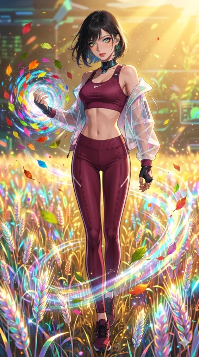 score_9, masterpiece, best quality, ultra-detailed, High-budget Anime Keyframe, beautiful Japanese anime girl. Low angle cowboy shot filling the entire 9:16 frame with her statuesque presence. Walking through a field of glowing grain under a golden s