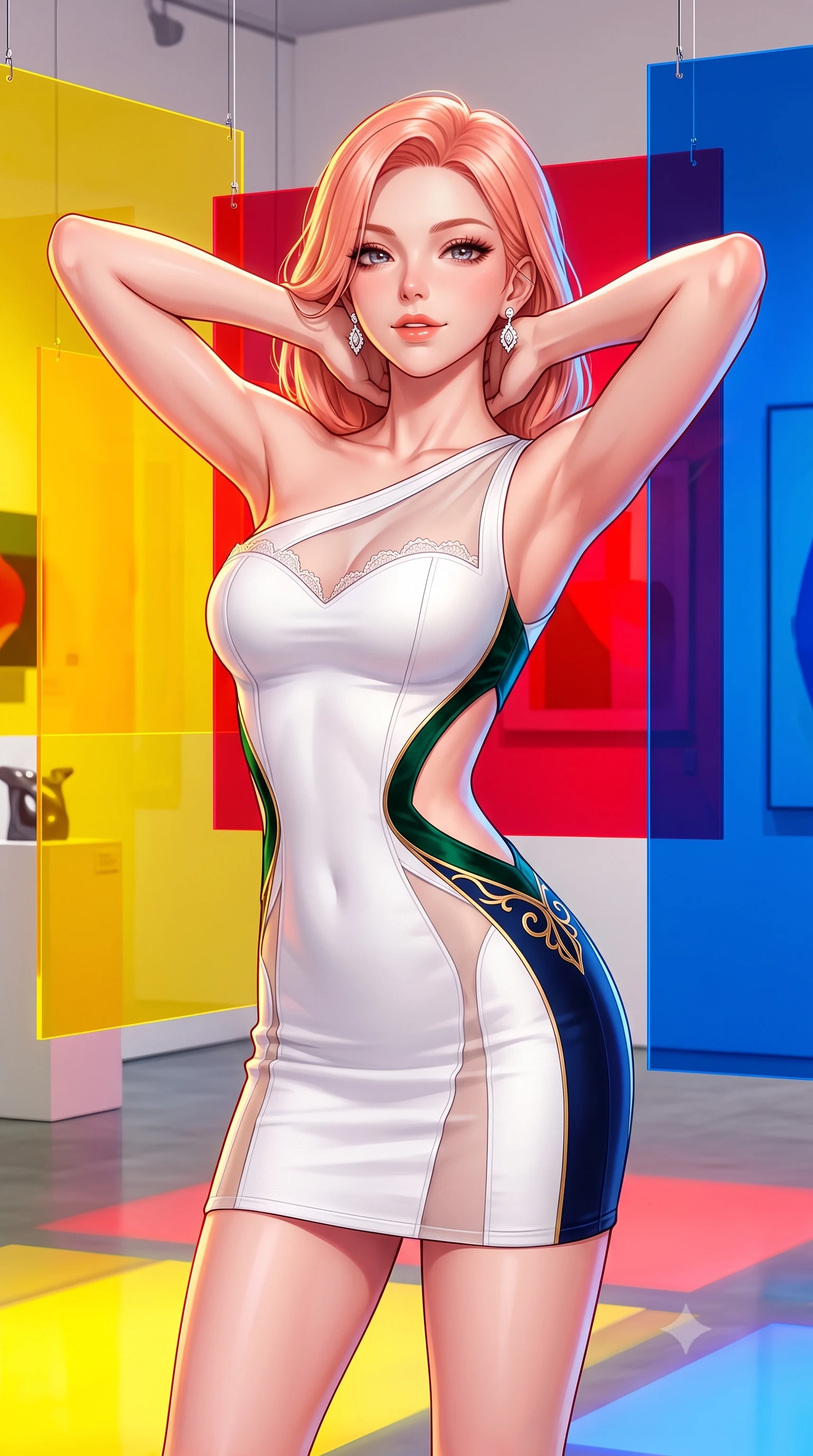 score_9, masterpiece, best quality, ultra-detailed, high-budget anime keyframe, semi-realistic 3D game render, editorial fashion photography, tasteful artistic composition, Japanese woman. close-up cowboy shot from the waist and thighs up, the character dominates the composition, filling the frame with her large presence. resting both hands lightly behind her neck with elbows raised, arching her spine to highlight her narrow waist, flat midriff, and breathtaking collarbones while standing poised between suspended sheets of primary yellow, red, and blue acrylic, arching her back with vibrant pop-art allure. The surrounding environment is rendered in vivid detail and crisp panoramic clarity: detailed strappy bandage mini dress texture, diamond earrings sparkle, and avant-garde gallery staging in high resolution. She has an exceptionally elegant, slender, and willowy female figure with an ultra-slim waist, flat toned midriff, narrow ribcage, and sculpted feminine hips creating an alluring, slim hourglass silhouette without bulk. sharp v-shaped jawline, high-bridge nose, sparkling eyes with hypnotic seductive depth, thick curled eyelashes, glossy parted lips with a natural dewy peach sheen, alluring bedroom-eyes with an enchanting coquettish smile, exuding magnetic siren charisma and sophisticated glamour, flawlessly proportioned anatomical accuracy, strict slender model proportions, natural body alignment, perfectly sculpted long slender limbs, ultra-slim waistline, clean dynamic posture without body distortion. wearing an asymmetric one-shoulder white neoprene mini dress with sharp laser-cut side openings framing her spine and hips in deep emerald velvet and dark sapphire with gold filigree, made of semi-opaque stretch illusion mesh with soft shadowy contours, finished with scalloped eyelash lace trim framing her sweetheart neckline with intimate elegance, the form-contouring silhouette accentuating her sculpted flat midriff, narrow delicate ribcage, and gracefully curvy hips with intoxicating allure. illuminated by colored panel floor bounce and sharp multi-colored rim lights defining her delicate clavicles, narrow waist, and curvy hips. highly saturated vibrant anime colors, detailed shading with soft gradients, rich glossy textures, high-contrast stereoscopic depth, volumetric dynamic lighting, master piece, 9:16 ratio