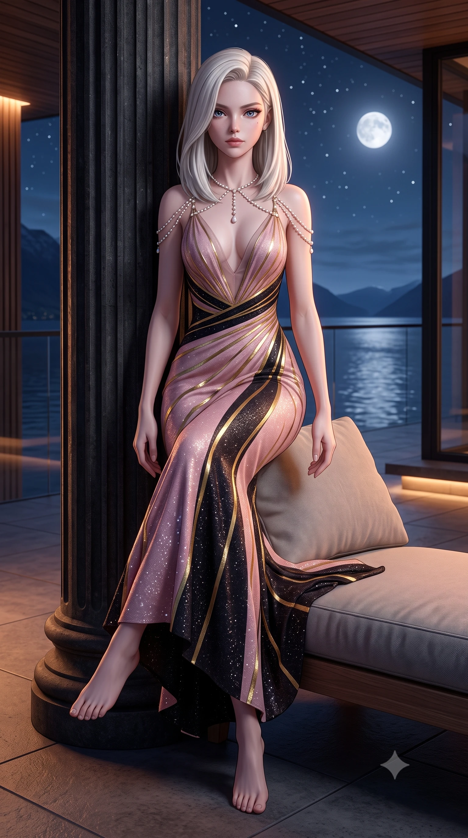 score_9, masterpiece, best quality, ultra-detailed, high-budget anime keyframe, semi-realistic 3D game render, editorial fashion photography, tasteful artistic composition, Caucasian woman. low angle full-body shot from head to toe showing her feet, filling the entire 9:16 vertical frame with her statuesque presence, stretching her vertical silhouette. reclining gracefully across the plush chaise lounge with one leg extended, her sculpted silhouette and flat midriff radiating magnetic nocturnal glamour while leaning against the fluted basalt column with hips cocked back, casting an intoxicating smoldering bedroom-gaze over the still fjord waters. The background shows a soft-focus concealed floor downlights softened in Scandinavian minimalist spa shallow focus. She has an exceptionally tall and slender model-like 8.5-heads proportion, an ultra-slim waist, a flat toned midriff, narrow delicate ribcage, and beautifully sculpted feminine hips creating a graceful, slim hourglass silhouette without any bulky heaviness, with impossibly long slender legs. sharp v-shaped jawline, high-bridge nose, intricate jewel-like sparkling eyes with depth, thick eyelashes, glossy parted lips with a natural peach sheen, bright cheerful beaming smile with an enchanting and coquettish sensual glint, exuding both youthful cute charm and seductive allure, flawlessly proportioned anatomical accuracy, strict slender model proportions, natural body alignment, perfectly sculpted long slender limbs, ultra-slim waistline, clean dynamic posture without body distortion. wearing a plunge-front sheer illusion tulle slip dress with liquid gold ribbon stripes hugging her curves in Kyoto moonlit sakura blush and polished urushi black, woven from stretch metallic lurex jersey casting radiant starlight glints across her curves, accented with a pearl-drop body harness subtly framing her dewy collarbones and spine, the form-contouring silhouette accentuating her sculpted flat midriff, narrow delicate ribcage, and gracefully curvy hips with intoxicating allure. bathed in cool moonlight and starlight balanced with warm 2700K architectural recessed ledge downlights. highly saturated vibrant anime colors, detailed shading with soft gradients, rich glossy textures, high-contrast stereoscopic depth, volumetric dynamic lighting, master piece, 9:16 ratio