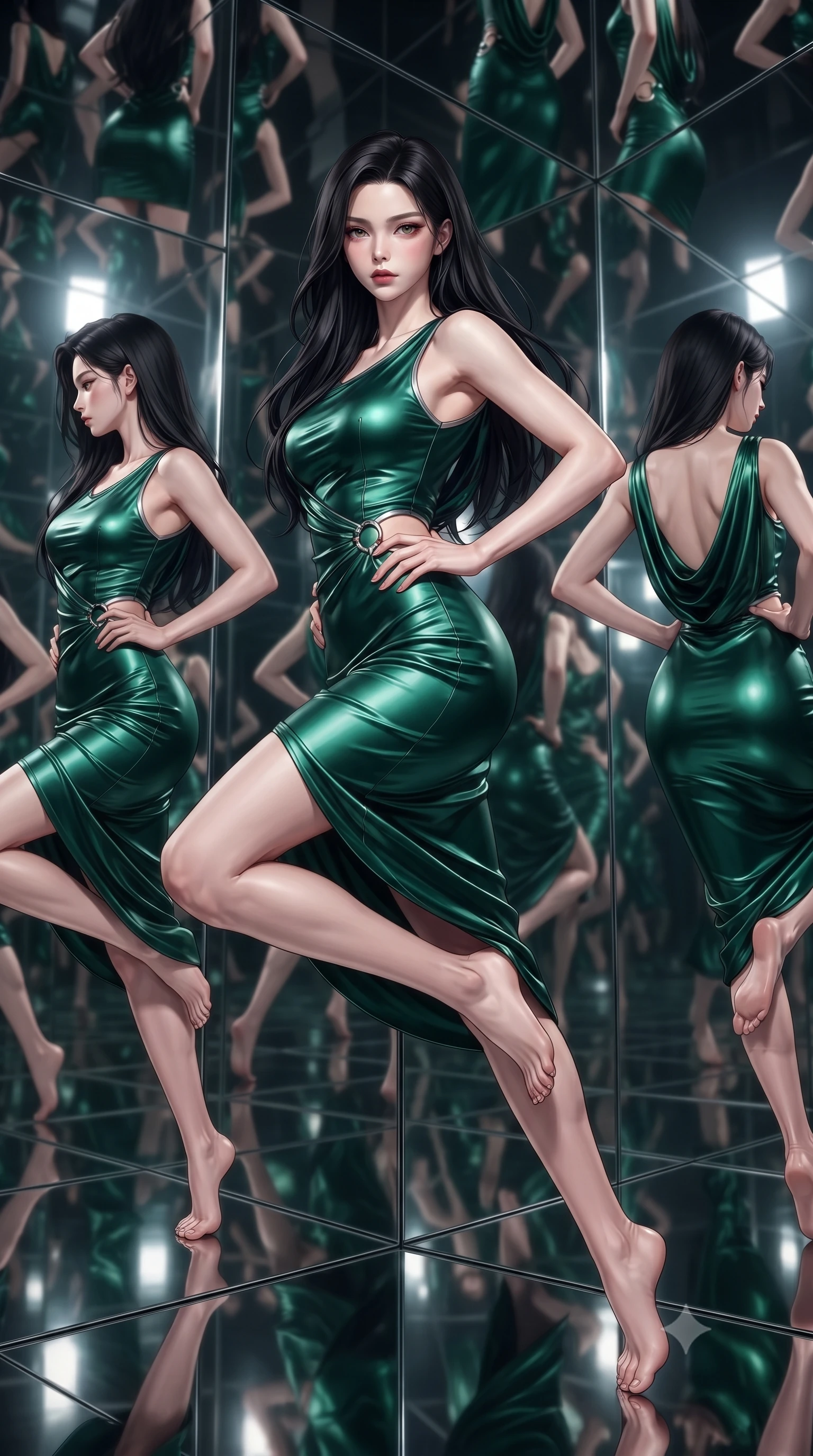 score_9, masterpiece, best quality, ultra-detailed, high-budget anime keyframe, editorial fashion photography, tasteful artistic composition, Korean woman. close-up cowboy shot from the waist and thighs up, the character dominates the composition, filling the frame with her large presence, background elements kept in soft focus. Holding a powerful dynamic pose with one hand on her hip and body angled dramatically toward the key light while leaping through a kaleidoscope mirror corridor as her reflection multiplies endlessly, multiple mirror reflections capturing her statuesque form from dramatic angles. She has an exceptionally elegant, slender, and willowy female figure with an ultra-slim waist, a gracefully sculpted slender torso, and a refined silhouette. sharp v-shaped jawline, high-bridge nose, intricate jewel-like eyes with depth, thick eyelashes, glossy lips with a natural sheen, flawlessly proportioned anatomical accuracy, natural body alignment, perfectly sculpted elegant limbs, clean dynamic posture without body distortion. wearing a precision-fitted liquid jersey bodycon dress with a graceful draped back in deep emerald green and silver accent, crafted from lustrous satin jersey with fluid draping, accented with delicate chrome ring hardware framing her waist, the sleek second-skin texture accentuating her magnetic presence. surrounded by a radiant, high-energy reflection aura. ultra-reflective glossy finish, specular highlights, metallic sheen, high-contrast stereoscopic depth, volumetric dynamic lighting, 2k, ultra detail, master piece, 9:16 ratio