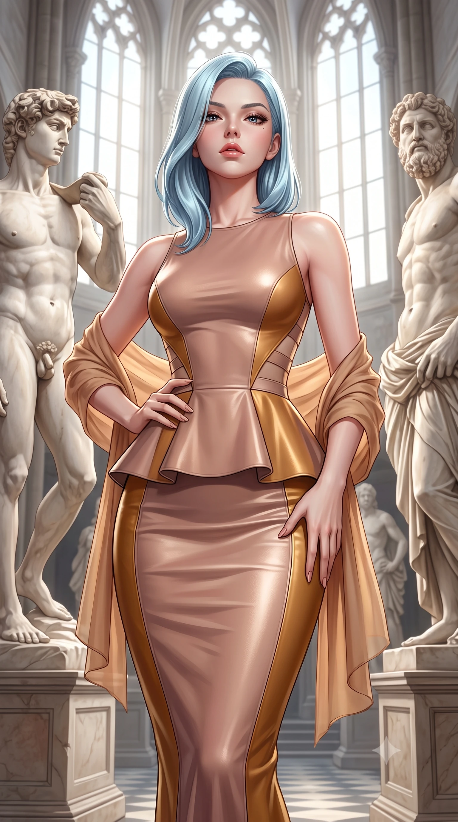 score_9, masterpiece, best quality, ultra-detailed, high-budget anime keyframe, semi-realistic 3D game render, editorial fashion photography, tasteful artistic composition, Korean woman. close-up cowboy shot from the waist and thighs up, the character dominates the composition, filling the frame with her large presence. tilting her chin up with proud, sovereign allure while gazing through thick eyelashes, one hand resting on her waist in pure supermodel charisma while standing poised between colossal marble statues, one hand sliding along her hip line in pure sculptural supermodel grace. The surrounding environment is rendered in vivid detail and crisp panoramic clarity. timeless Renaissance chiaroscuro and monumental artistic atelier aesthetics captured with precision. She has an exceptionally elegant, slender, and willowy female figure with an ultra-slim waist, a gracefully sculpted slender torso, toned flat midriff, and rounded feminine hips creating an alluring hourglass silhouette. sharp v-shaped jawline, high-bridge nose, intricate jewel-like eyes with depth, thick eyelashes, glossy parted lips with a natural sheen, intensely captivating and seductive bedroom-eyes expression, flawlessly proportioned anatomical accuracy, strict slender model proportions, natural body alignment, perfectly sculpted long slender limbs, ultra-slim waistline, clean dynamic posture without body distortion. wearing a structural geometric peplum gown with sheer side-ribbon cutouts and form-fitting skirt in dusky sandstone and molten gold, crafted from second-skin supple lambskin leather with specular sheen, complemented by a breezy silk chiffon shawl draped loosely over her elbows, the glove-like aerodynamic silhouette tightly following the natural contour of her hips and long slender legs with statuesque precision. bathed in dramatic natural north skylight streaming through cathedral windows. highly saturated vibrant anime colors, detailed shading with soft gradients, rich glossy textures, high-contrast stereoscopic depth, volumetric dynamic lighting, master piece, 9:16 ratio