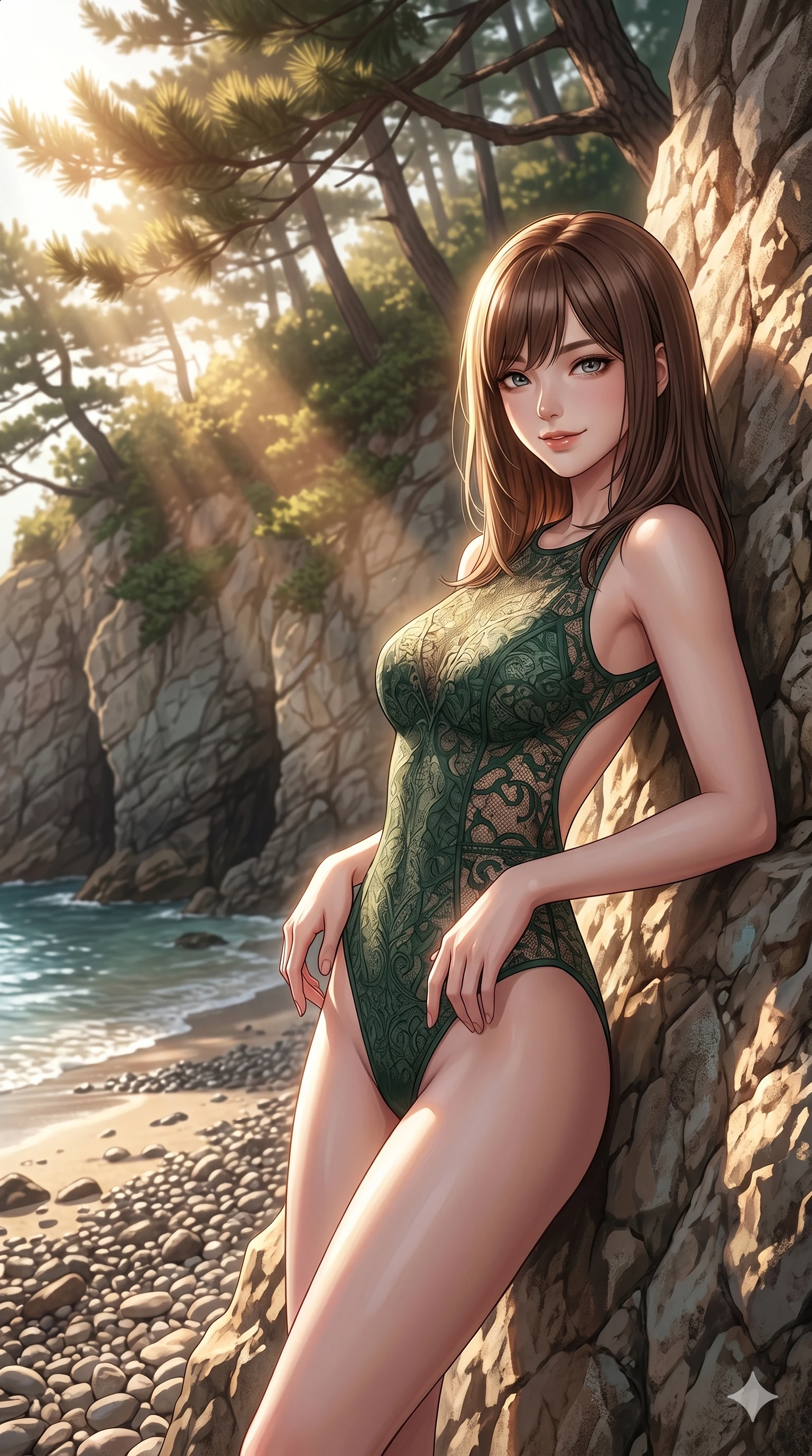 score_9, masterpiece, best quality, ultra-detailed, high-budget anime keyframe, editorial fashion photography, tasteful artistic composition, Korean woman. cowboy shot from the thighs up, character and outfit filling the frame for maximum editorial presence. smiling with a quiet, magnetic grin, her gaze intense yet warm leaning against a rock wall near a hidden beach cove. She has an absolutely perfect 8-heads proportion, an exceptionally tall and slender female figure with impossibly long slender legs and an ultra-slim waist. V-shaped jawline, high-bridge nose, intricate jewel-like eyes with depth, thick eyelashes, glossy lips with a natural sheen. wearing a dark green bodysuit with an open back and delicate lace pattern overlays. bathed in morning sunbeams piercing through the coastal pine trees. 2k, ultra detail, master piece, 9:16 ratio