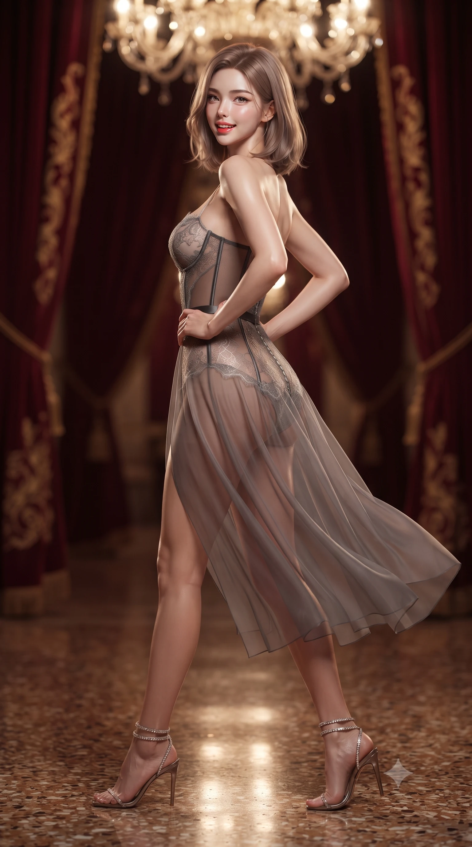 score_9, masterpiece, best quality, ultra-detailed, high-budget anime keyframe, editorial fashion photography, tasteful artistic composition, Korean woman. close-up cowboy shot from the waist and thighs up, the character dominates the composition, filling the frame with her large presence. posing in an alluring rear three-quarter angle, looking over a bare shoulder with parted glossy lips, her hips cocked back to highlight her slim hourglass curve while striding across the mirror-finished Venetian terrazzo floor with tall model strides, one hand on her cinched hip as her sheer gown sways. The background shows a soft-focus deep crimson velvet portieres softened in aristocratic Venetian masquerade shallow focus. She has an exceptionally elegant, slender, and willowy female figure with an ultra-slim waist, flat toned midriff, narrow ribcage, and sculpted feminine hips creating an alluring, slim hourglass silhouette without bulk. sharp v-shaped jawline, high-bridge nose, intricate jewel-like sparkling eyes with depth, thick eyelashes, glossy parted lips with a natural peach sheen, bright cheerful beaming smile with an enchanting and coquettish sensual glint, exuding both youthful cute charm and seductive allure, flawlessly proportioned anatomical accuracy, strict slender model proportions, natural body alignment, perfectly sculpted long slender limbs, ultra-slim waistline, clean dynamic posture without body distortion. wearing a provocative translucent lace corset dress with sheer side-torso panels hugging her hourglass waist in Hollywood starlight platinum and smoky charcoal, made of sheer gossamer chiffon that drapes softly against skin with airy translucence, complemented by strappy stiletto sandals with crystal ankle wraps accentuating her slender calves, the glove-like clinging cut tightly following the natural contour of her hips and long slender legs with youthful 8.5-heads elegance. bathed in the multi-faceted sparkling illumination of the antique Murano chandelier dimmed to a sultry golden glow. ultra-reflective glossy finish, specular highlights, rich textural contrasts, high-contrast stereoscopic depth, volumetric dynamic lighting, 2k, ultra detail, master piece, 9:16 ratio
