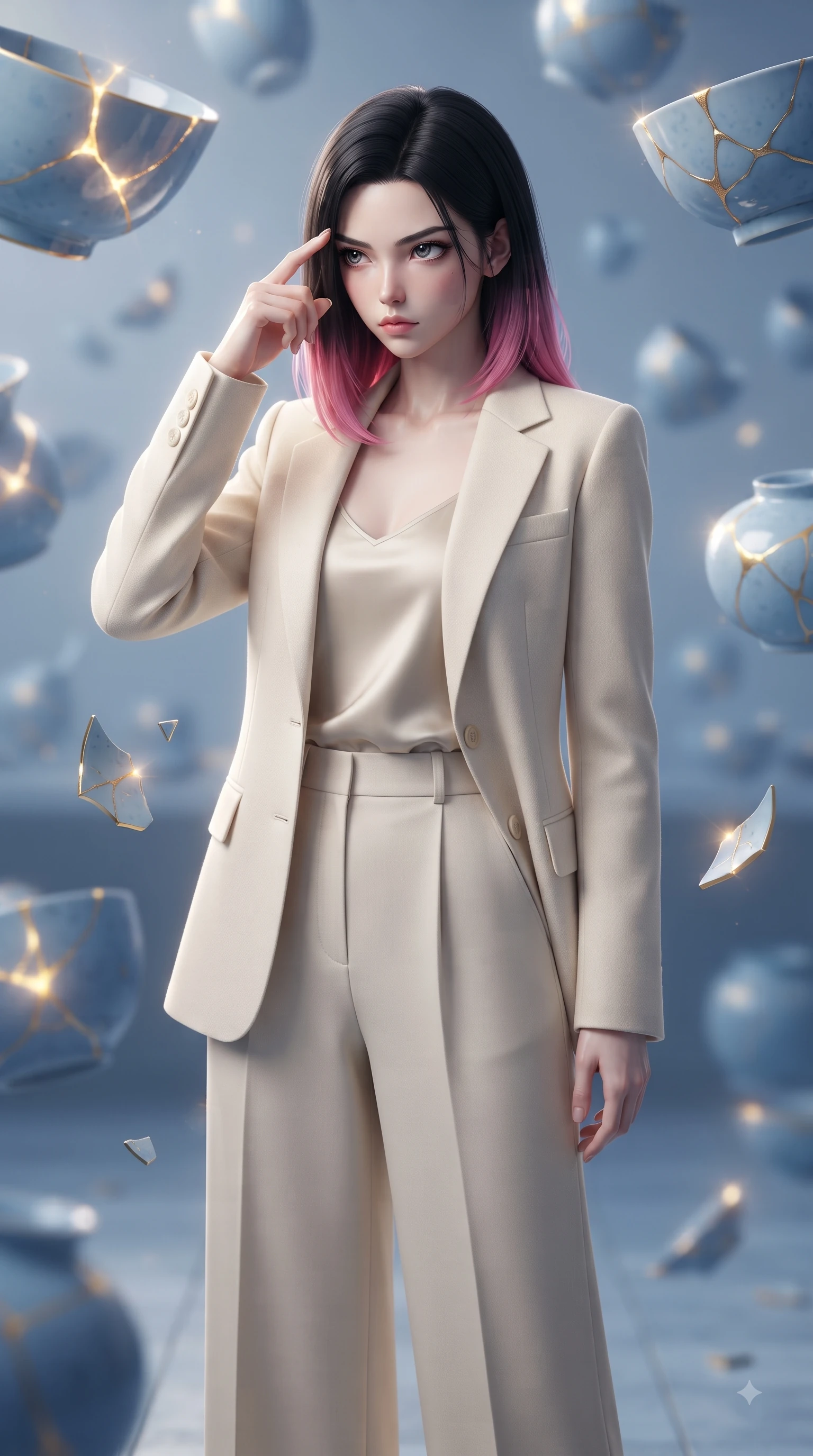 score_9, masterpiece, best quality, ultra-detailed, high-budget anime keyframe, editorial fashion photography, tasteful artistic composition, Korean woman woman. close-up cowboy shot from the waist and thighs up, the character dominates the composition, filling the frame with her large presence, background elements kept in soft focus. She has an exceptionally elegant, slender, and willowy female figure with an ultra-slim waist, a gracefully sculpted slender torso, and a refined silhouette. pressing two fingers to her temple in a composed gesture, gazing past the camera with sharp focus, flawlessly proportioned anatomical accuracy, natural body alignment, perfectly sculpted elegant limbs, clean dynamic posture without body distortion. set against a soft-focus background of a floating blue porcelain workshop with levitating kintsugi shards. wearing a tailored cream wool blazer over an oatmeal silk camisole and wide-leg trousers. bathed in gold ethereal light radiating from gold cracks in floating ceramics with intense inner glow. ultra-reflective glossy finish, specular highlights, metallic sheen, high-contrast stereoscopic depth, volumetric dynamic lighting, 2k, ultra detail, master piece, 9:16 ratio
