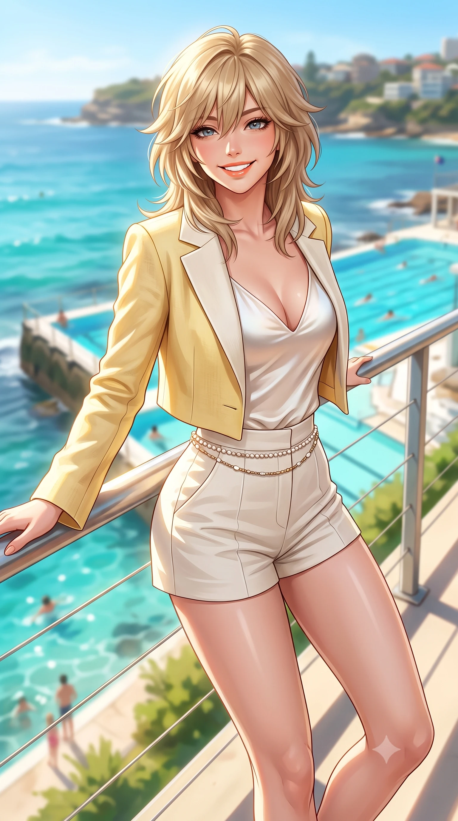 score_9, masterpiece, best quality, ultra-detailed, high-budget anime keyframe, semi-realistic 3D game render, editorial fashion photography, tasteful artistic composition, Japanese woman. close-up cowboy shot from the waist and thighs up, the character dominates the composition, filling the frame with her large presence. leaning back against the sunlit railing with relaxed seductive grace, her flat midriff and narrow waist highlighted as she smiles brightly with bewitching eyes while striding along the elevated coastal walkway overlooking the famous turquoise ocean pool, arching her back with an infectious, sun-kissed smile. The composition keeps background elements in soft focus with dreamy creamy bokeh. iconic iceberg pool swimmers and coastal headlands softened in vibrant Australian shallow focus. She has an exceptionally elegant, slender, and willowy female figure with an ultra-slim waist, flat toned midriff, narrow ribcage, and sculpted feminine hips creating an alluring, slim hourglass silhouette without bulk. sharp v-shaped jawline, high-bridge nose, intricate jewel-like sparkling eyes with depth, thick eyelashes, glossy parted lips with a natural peach sheen, bright cheerful beaming smile with an enchanting and coquettish sensual glint, exuding both youthful cute charm and seductive allure, flawlessly proportioned anatomical accuracy, strict slender model proportions, natural body alignment, perfectly sculpted long slender limbs, ultra-slim waistline, clean dynamic posture without body distortion. wearing a chic cropped linen blazer worn with a plunging-V camisole and high-waisted tailored hot-pants showcasing her long slender legs in bright butter yellow and fresh cream white, made of smooth fluid silk satin with a delicate pearlescent sheen, accented with a dainty pearl waist chain catching the ambient sunlight, the glove-like silhouette tightly following the natural contour of her hips and long slender legs with youthful 8.5-heads elegance. bathed in brilliant Australian coastal sunshine and radiant turquoise water bounce fill. highly saturated vibrant anime colors, detailed shading with soft gradients, rich glossy textures, high-contrast stereoscopic depth, volumetric dynamic lighting, master piece, 9:16 ratio